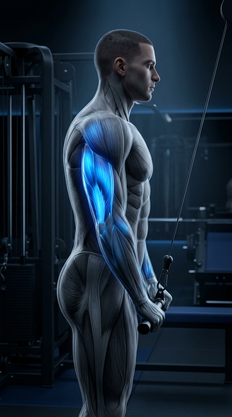 Cable Triceps Pushdown muscle anatomy showing the triceps brachii as the primary target