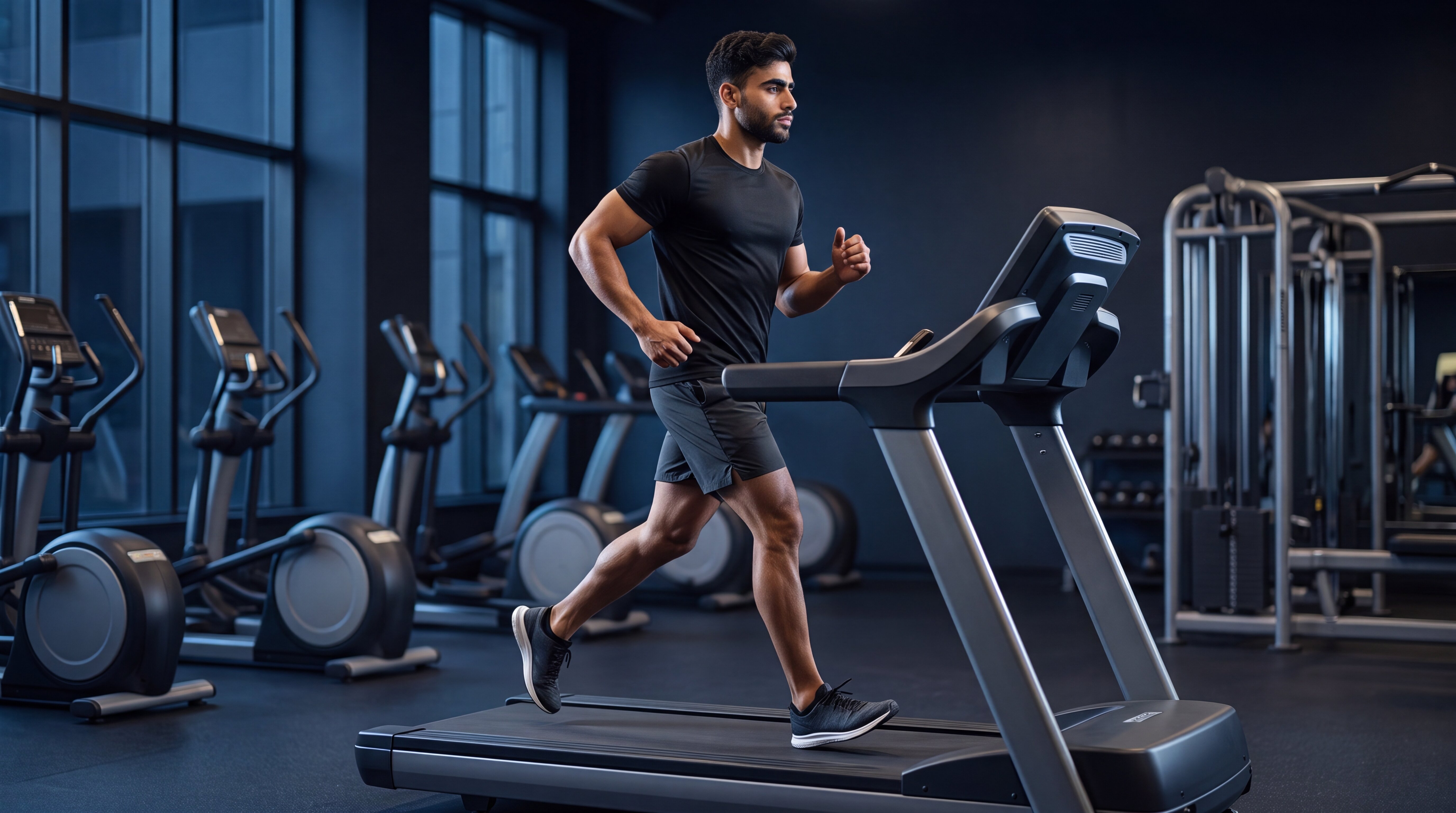 Athlete performing a cardio exercise in a modern gym