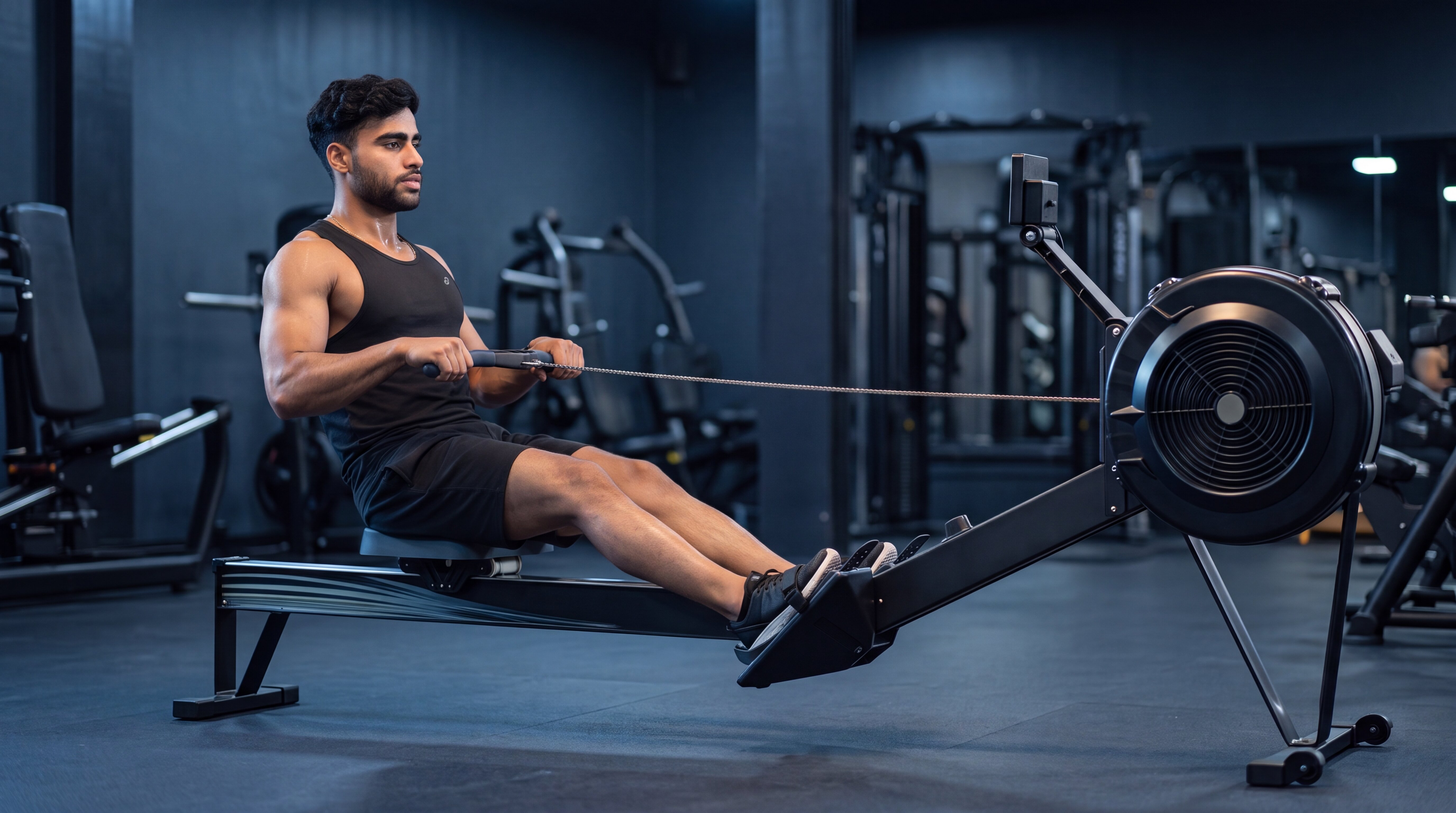 Athlete exercising on a rowing machine