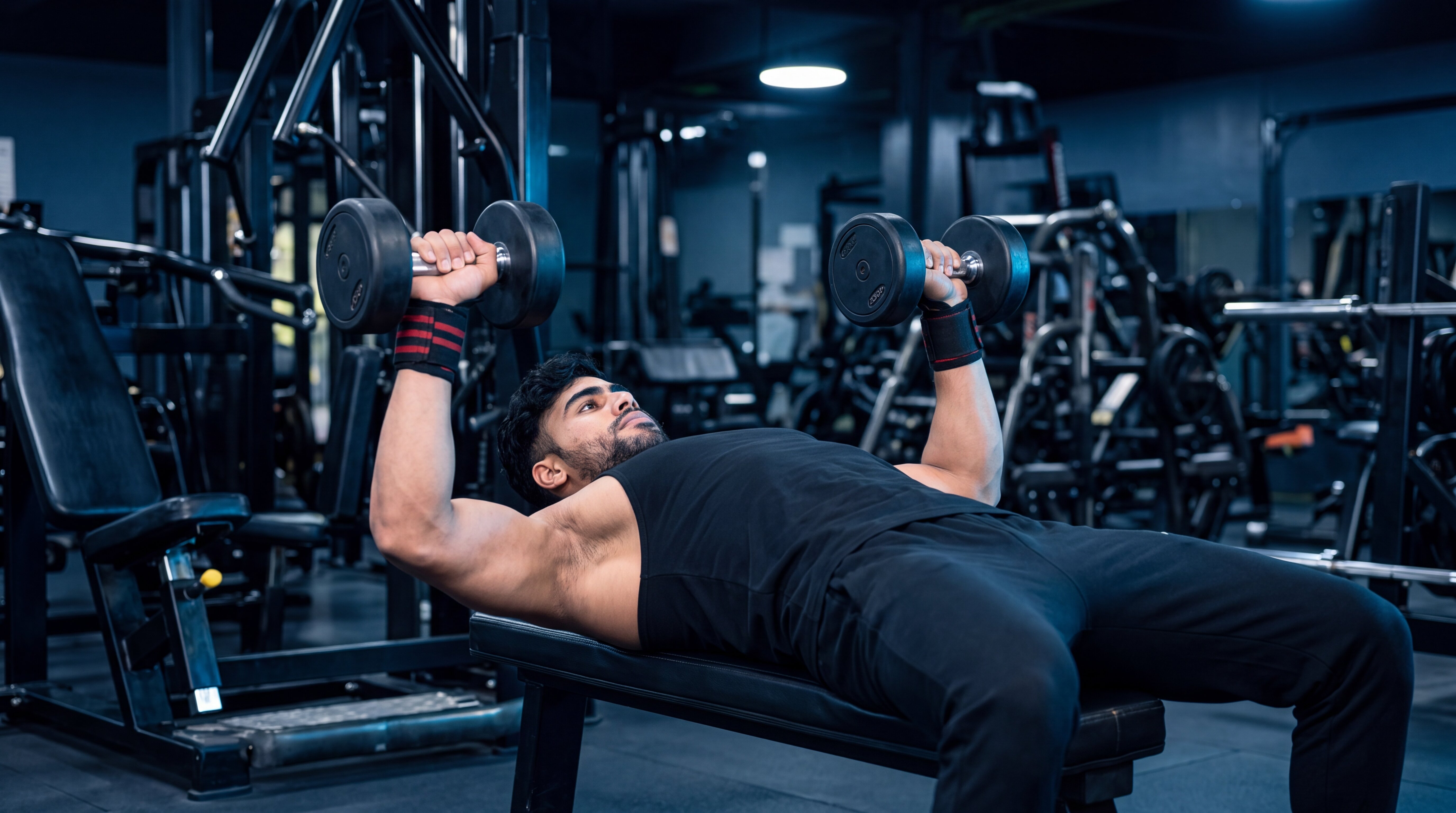 Athlete performing a dumbbell bench press