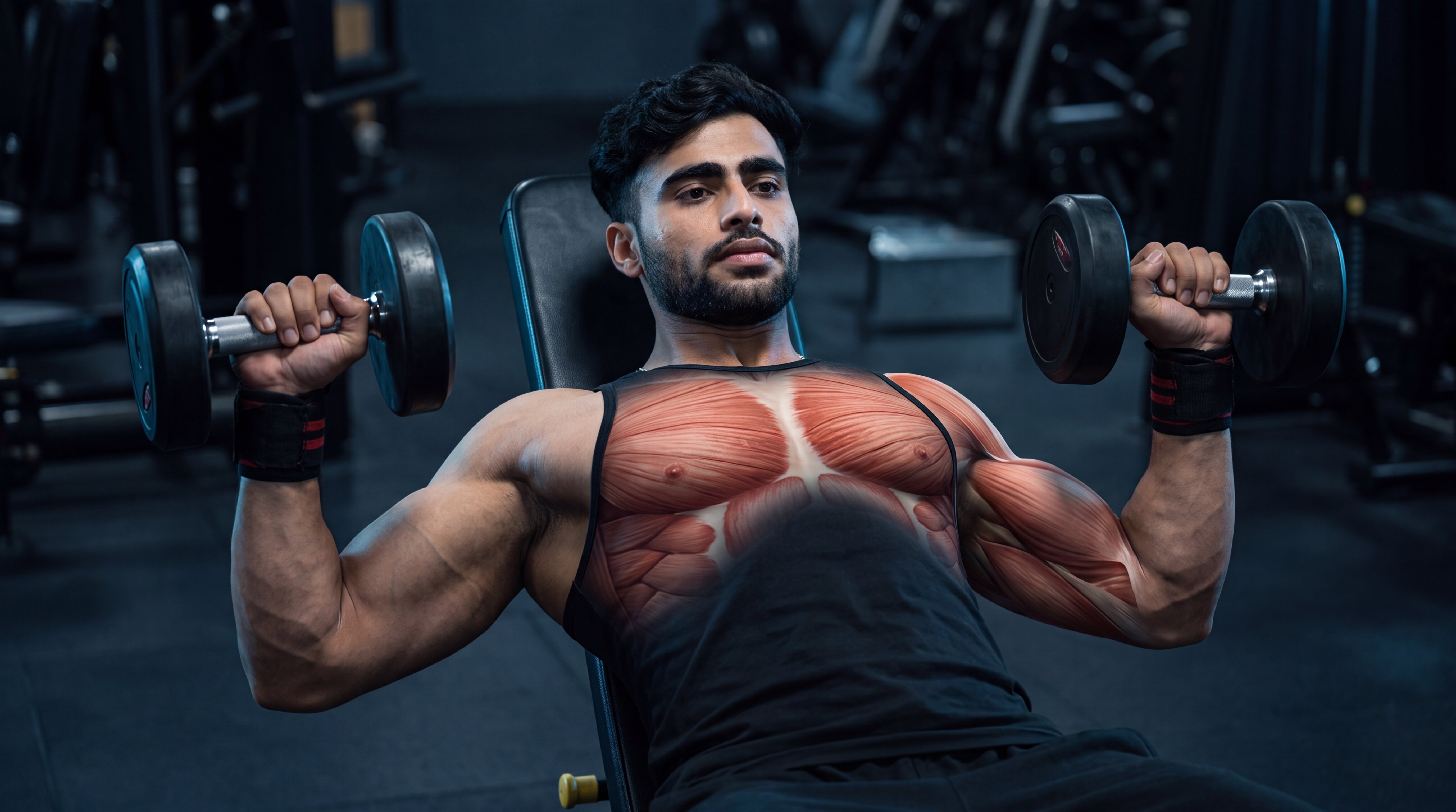 Dumbbell bench press under the skin anatomy video