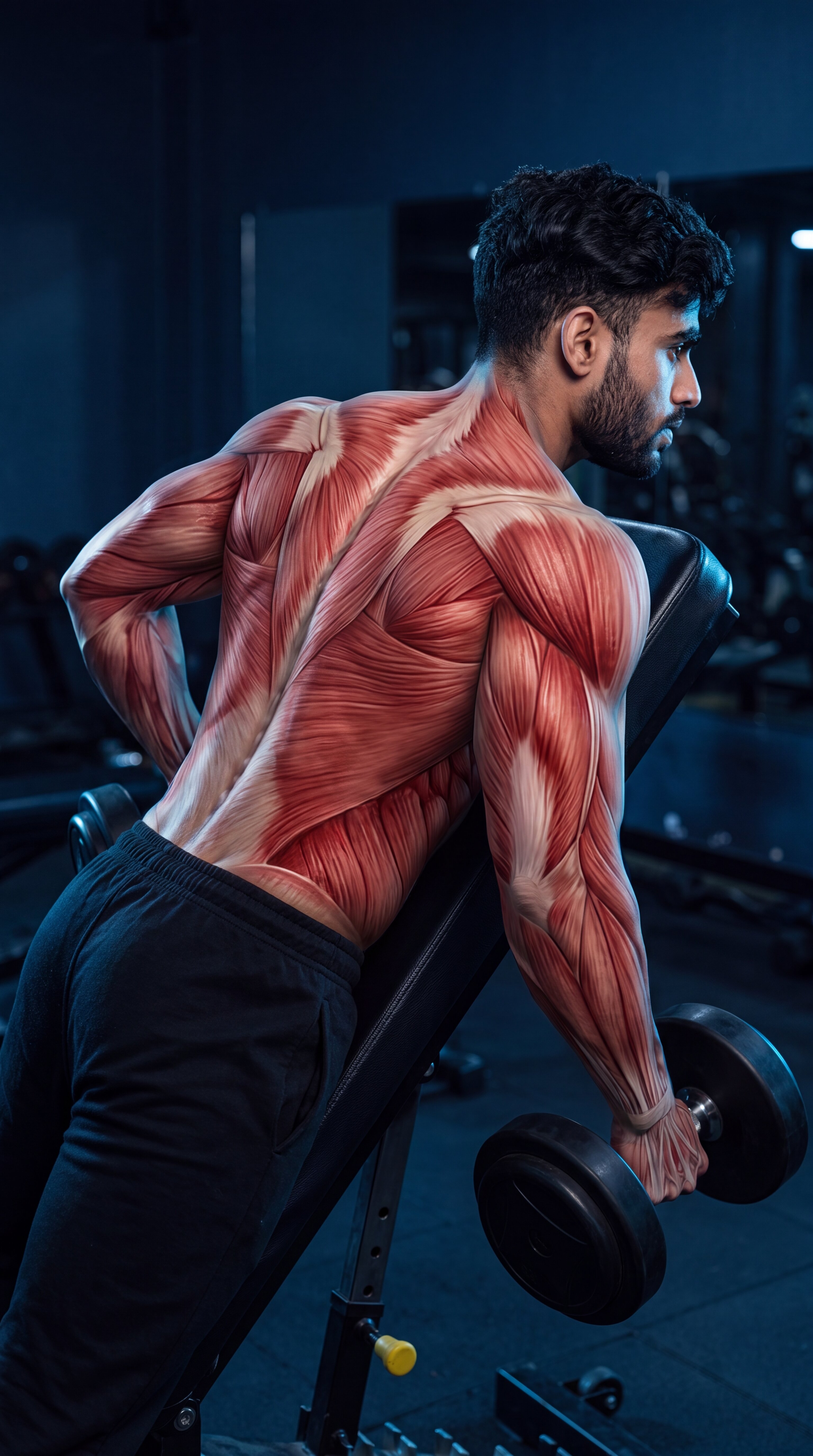 Chest-Supported Dumbbell Row muscle anatomy showing the latissimus dorsi, rhomboids, and middle back as primary targets