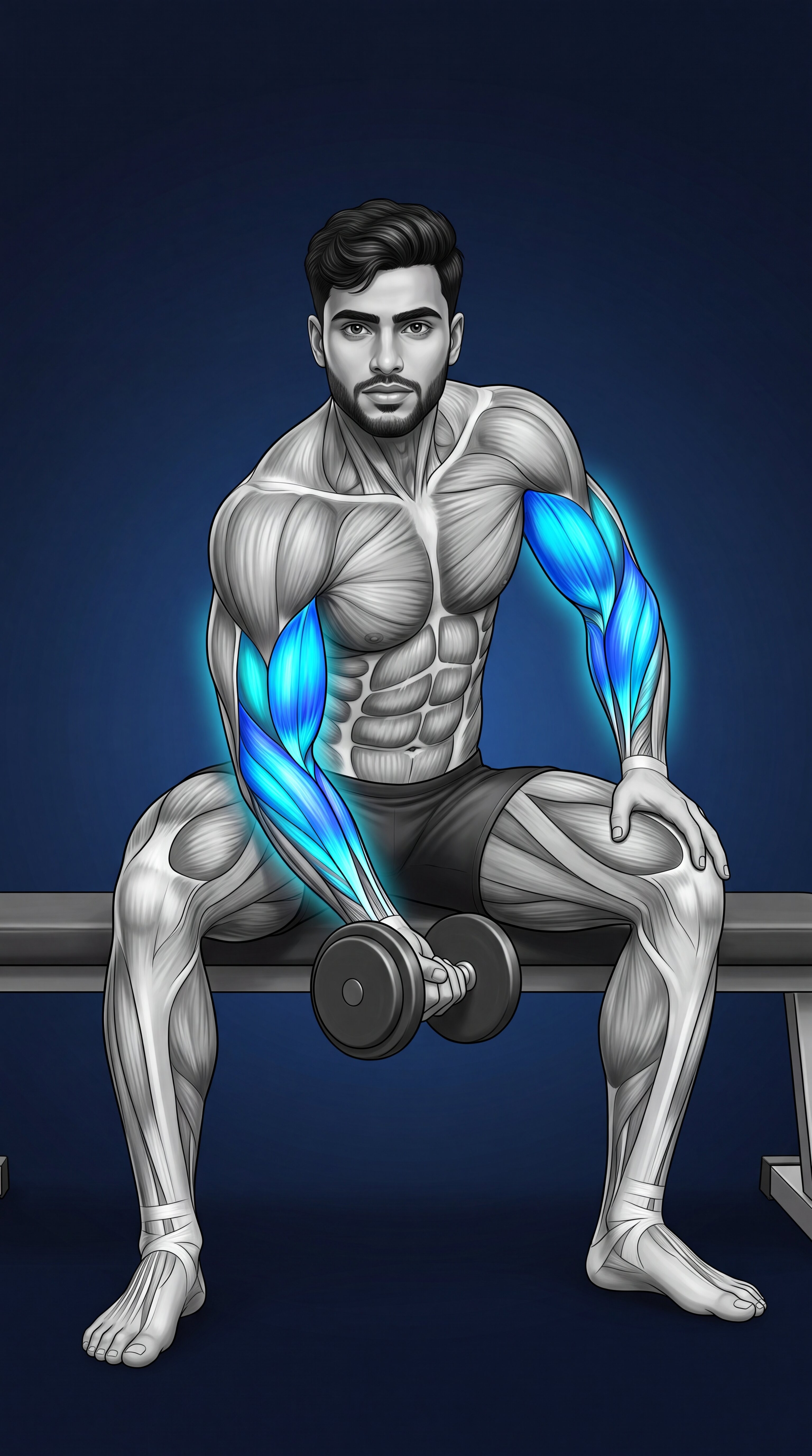 Concentration Curl muscle anatomy highlighting the biceps brachii as the primary target muscle