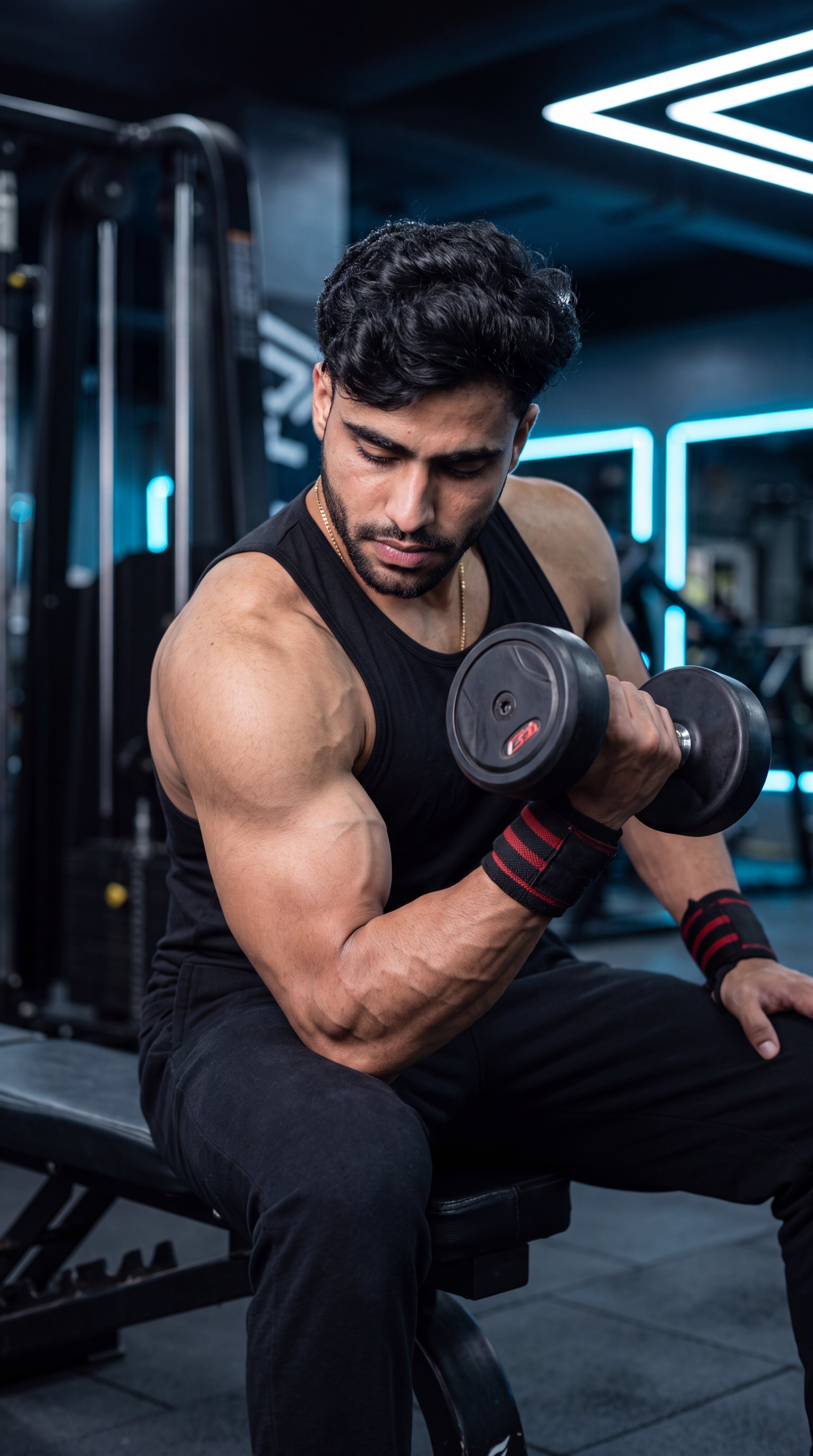 Athlete performing a concentration curl with proper form using a dumbbell