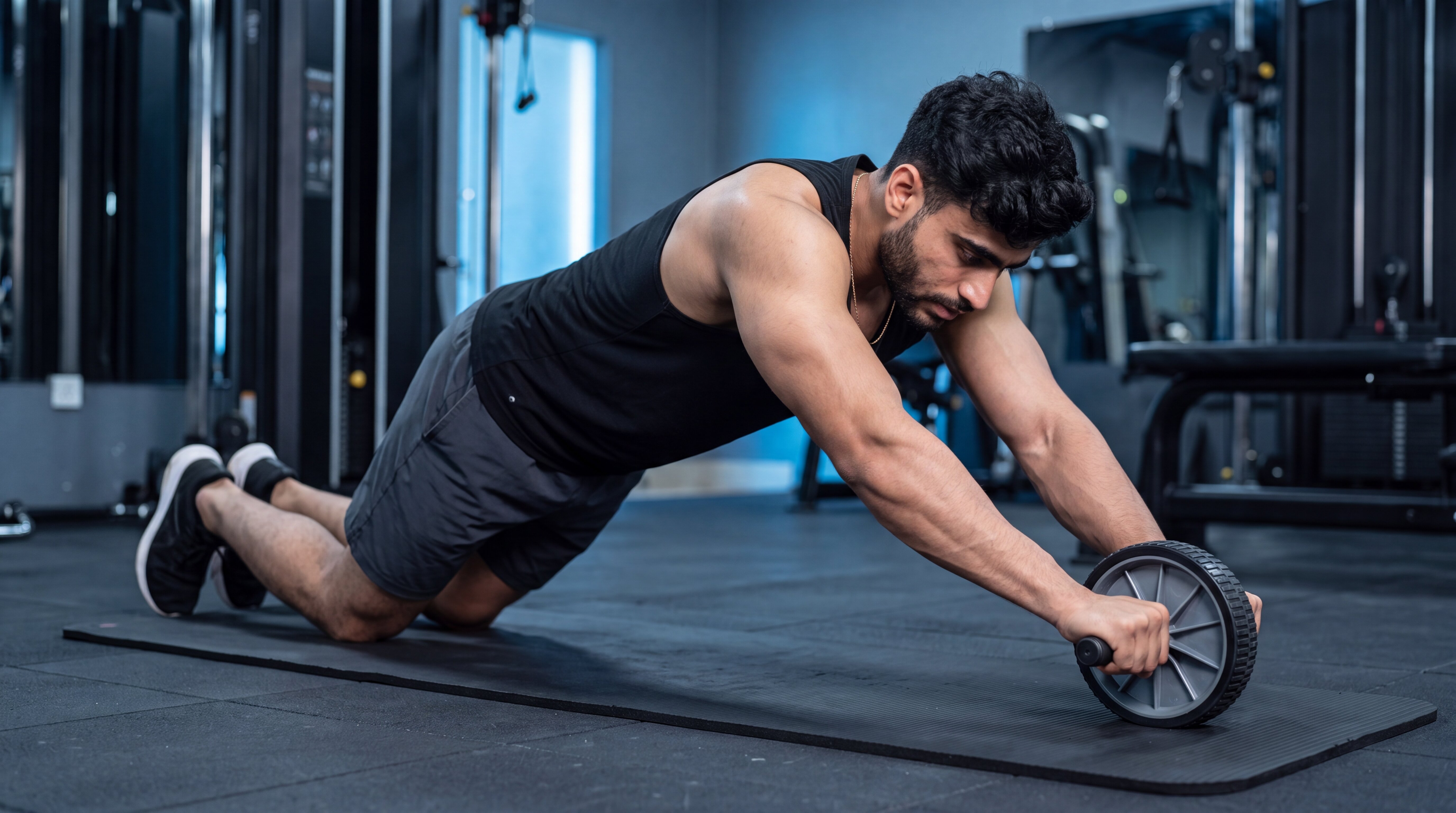 Athlete performing an ab wheel rollout