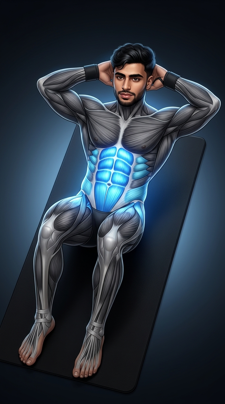 Crunch muscle anatomy highlighting the rectus abdominis, obliques, transverse abdominis, and hip flexors