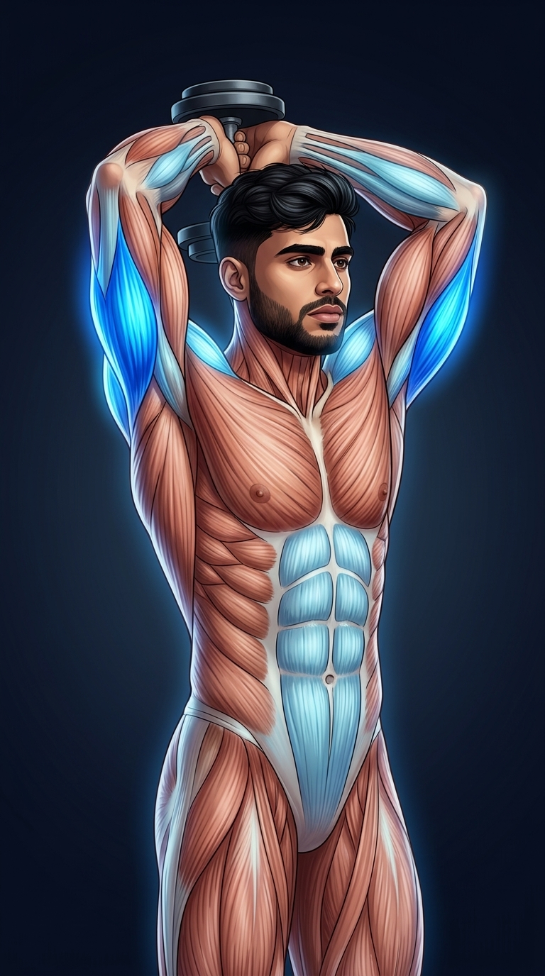 Dumbbell Overhead Triceps Extension muscle anatomy showing the triceps brachii as the primary target