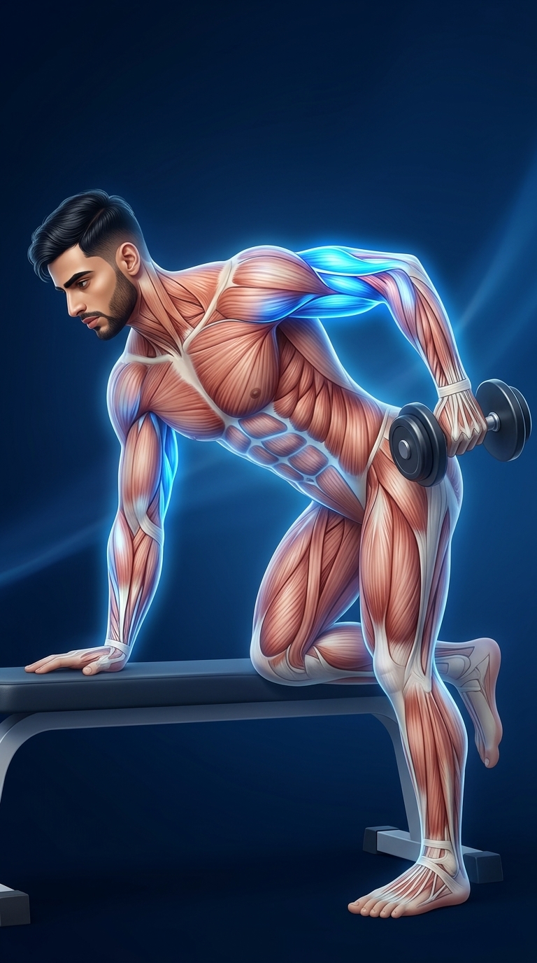 Dumbbell Triceps Kickback muscle anatomy showing the triceps brachii as the primary target