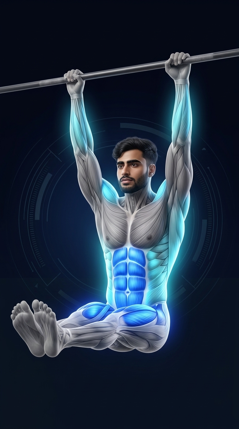 Hanging Leg Raise muscle anatomy highlighting the lower rectus abdominis, hip flexors, obliques, forearms, and transverse abdominis