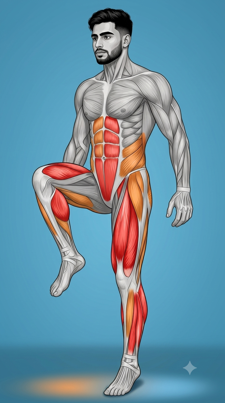 High Knees muscle anatomy highlighting the hip flexors, quadriceps, calves, hamstrings, glutes, core, and lower back