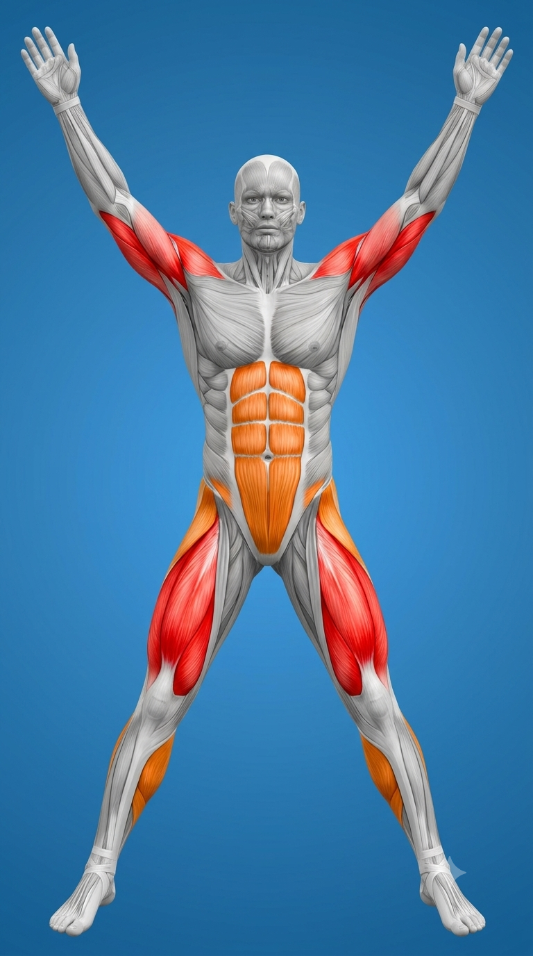 Jumping Jacks muscle anatomy highlighting the quadriceps, deltoids, glutes, calves, hip abductors, and core muscles