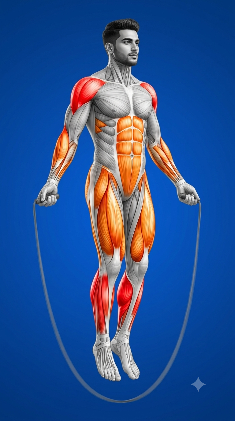 Jump Rope muscle anatomy highlighting the calves, shoulders, forearms, quadriceps, glutes, and core muscles