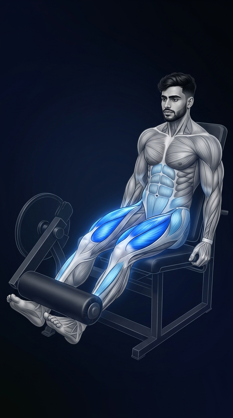 Leg Extension muscle anatomy highlighting the quadriceps, hip flexors, and stabilizing muscles