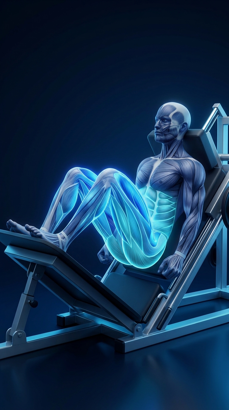 Leg Press muscle anatomy highlighting the quadriceps, glutes, hamstrings, calves, and supporting muscles