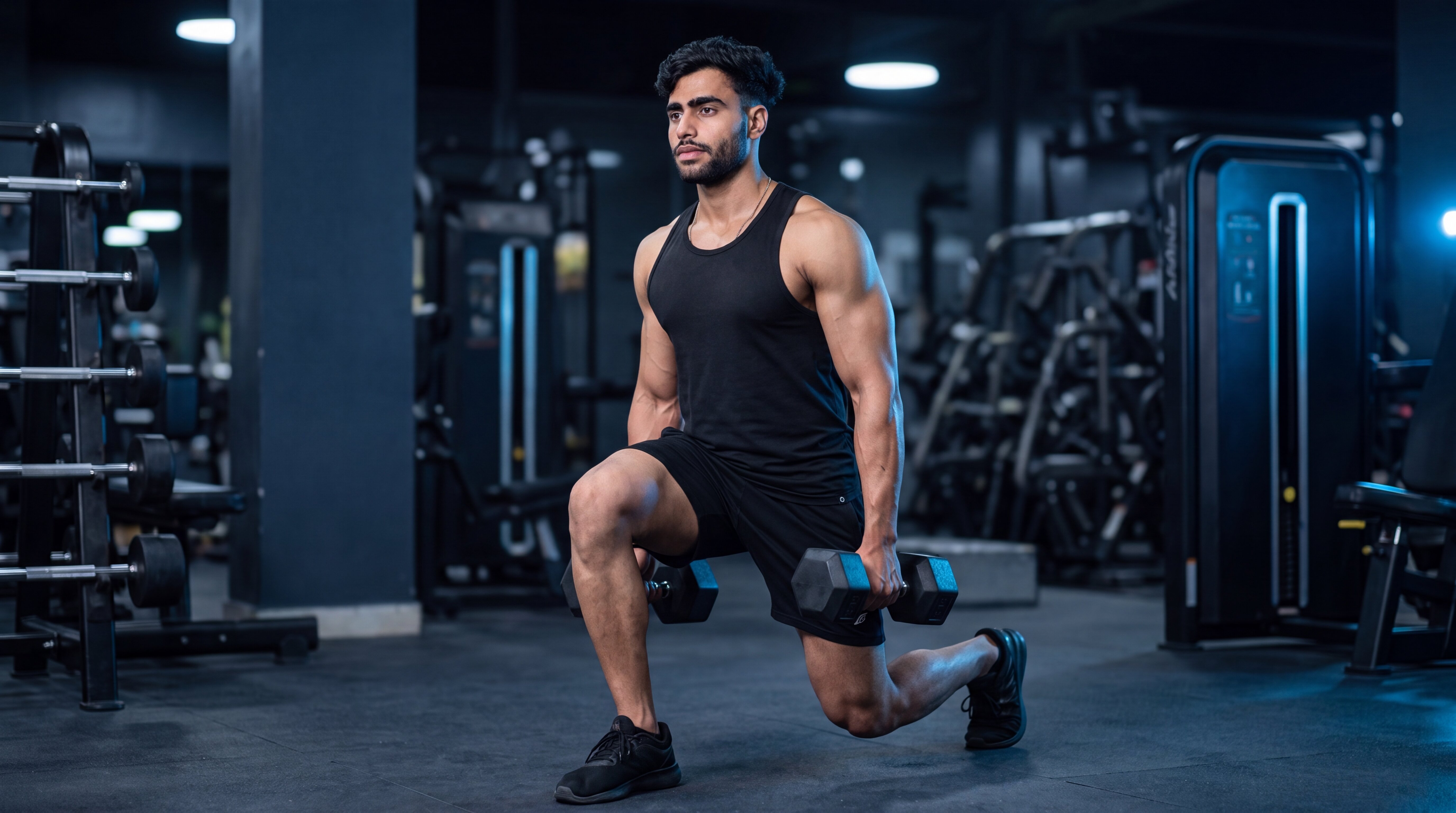 Athlete performing a walking lunge with dumbbells