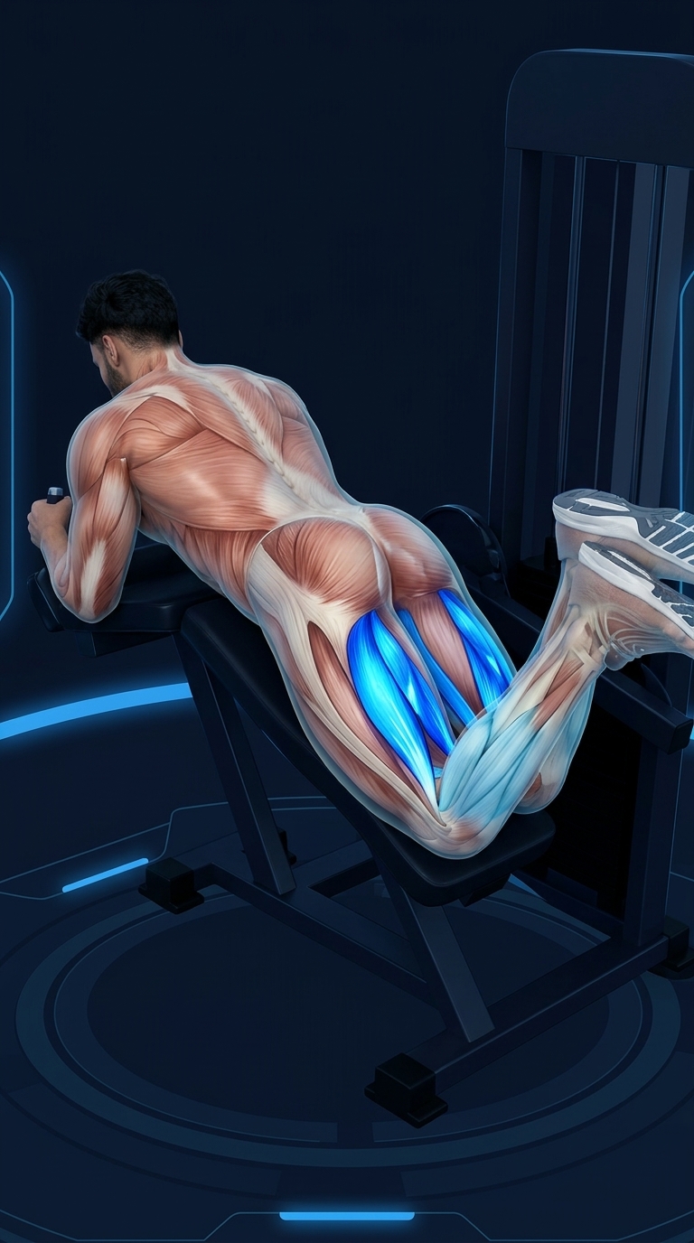 Lying Leg Curl muscle anatomy highlighting the hamstrings, gastrocnemius, and stabilizing muscles