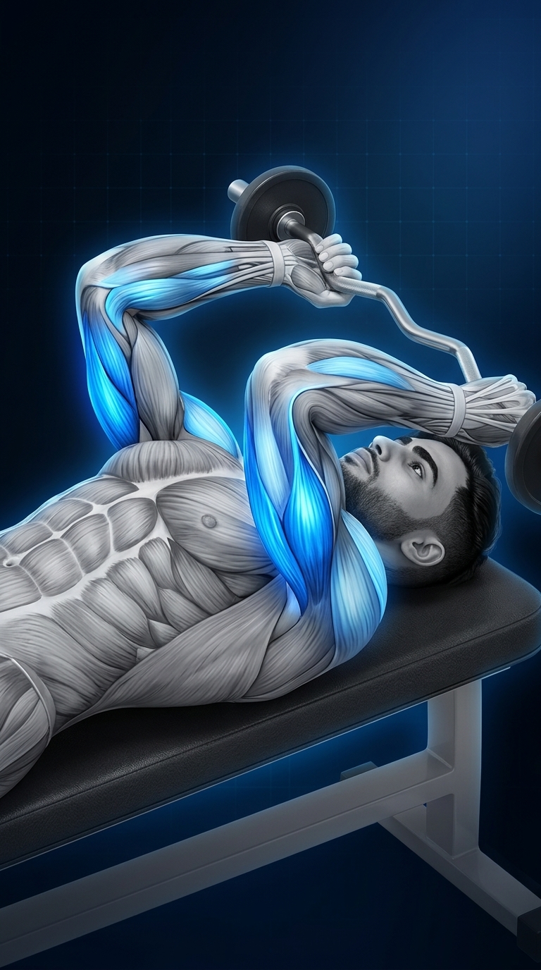 Lying Triceps Extension muscle anatomy showing the triceps brachii as the primary target