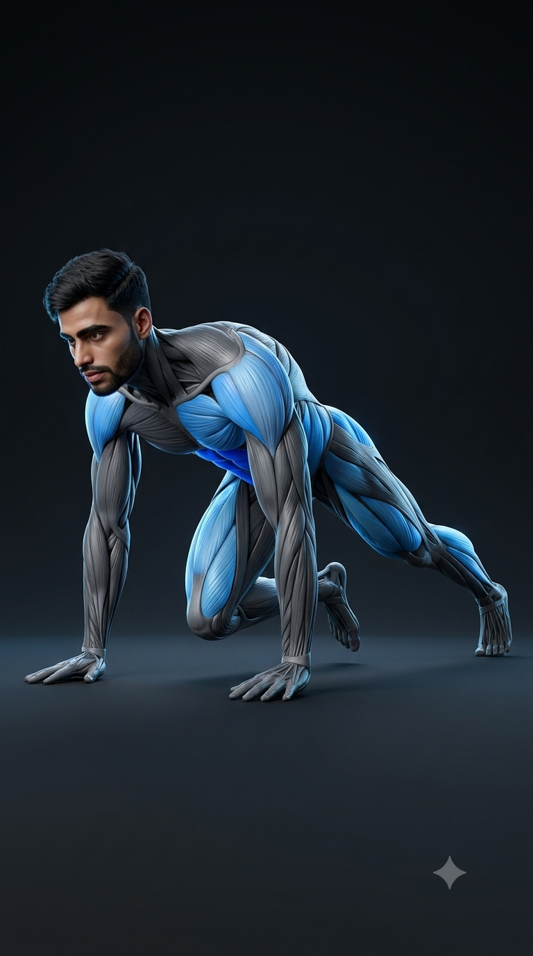 Mountain Climber muscle anatomy highlighting the rectus abdominis, transverse abdominis, obliques, shoulders, hip flexors, and quadriceps