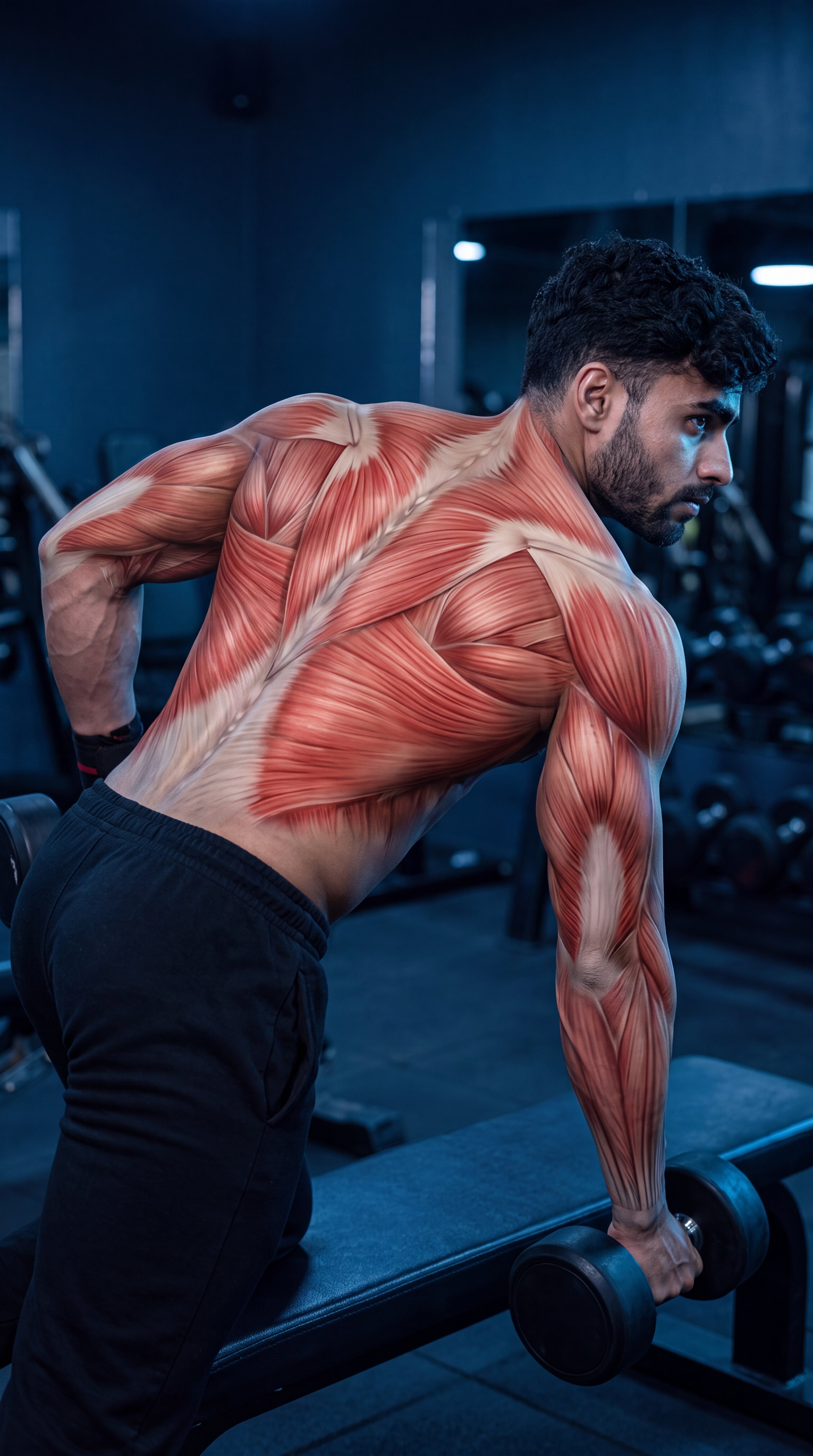 One-Arm Dumbbell Row muscle anatomy showing the latissimus dorsi and middle back as primary targets