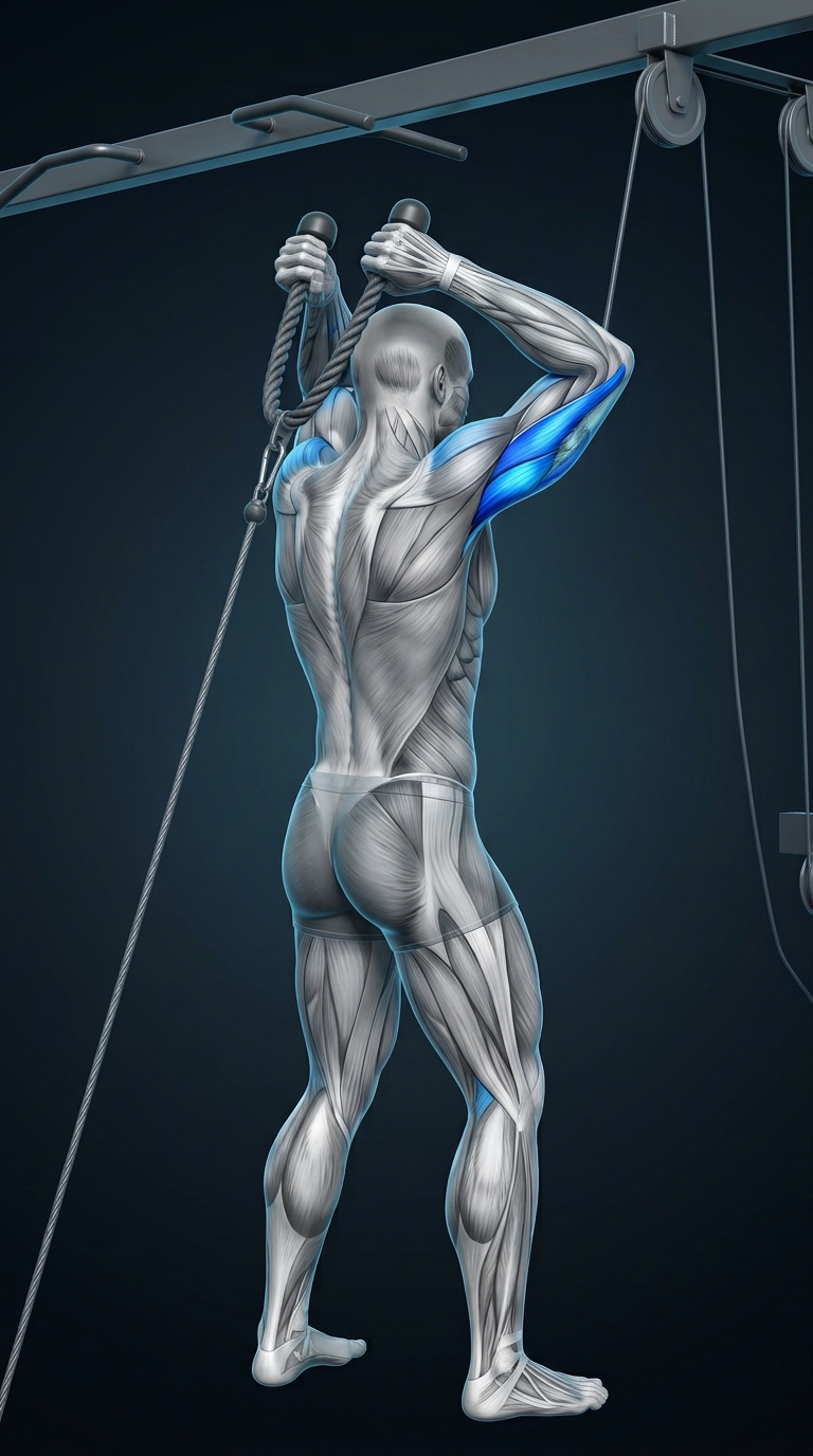 Overhead Cable Triceps Extension muscle anatomy showing the triceps brachii as the primary target