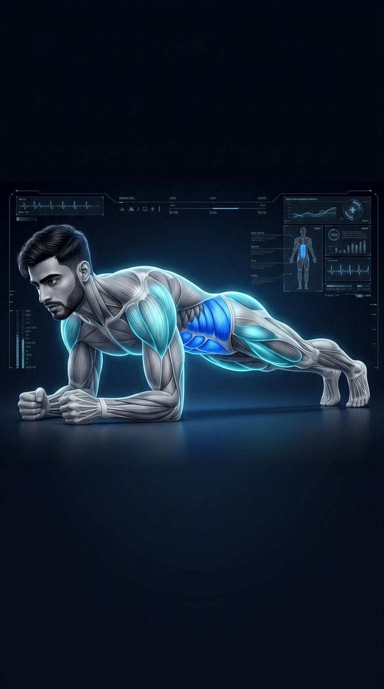 Plank muscle anatomy highlighting the rectus abdominis, transverse abdominis, obliques, glutes, shoulders, and lower back