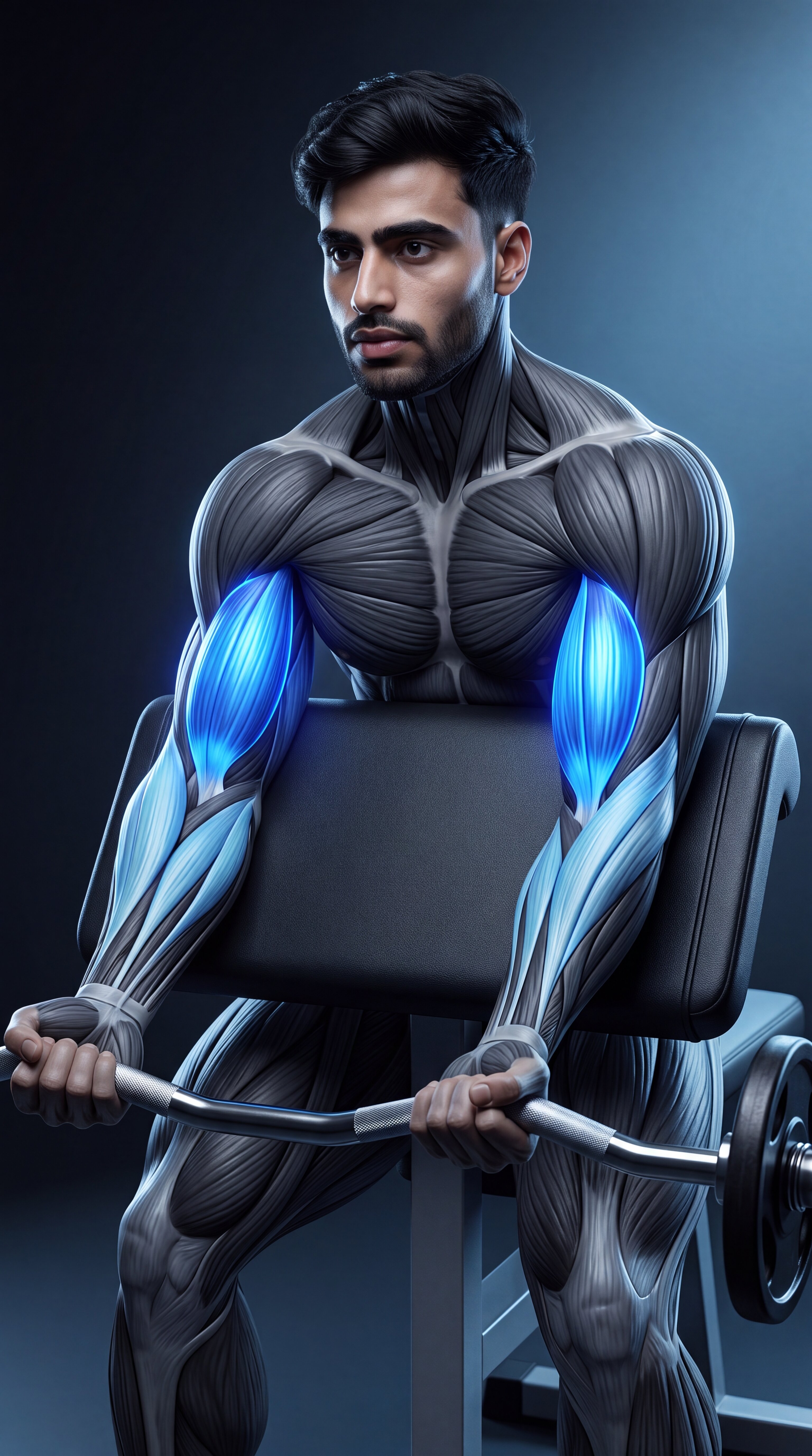 Preacher Curl muscle anatomy showing the biceps brachii as the primary target muscle