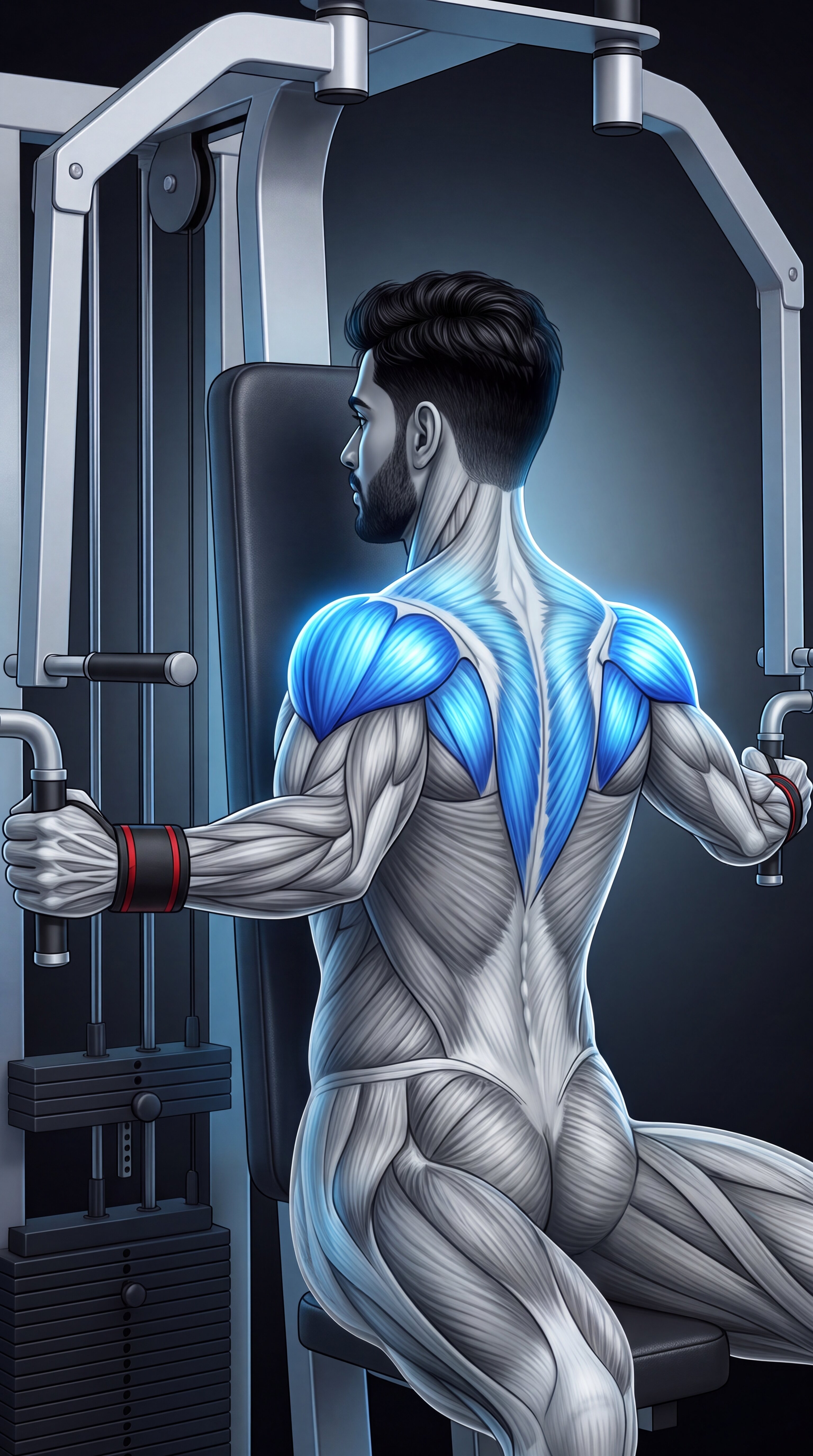 Reverse Pec Deck Fly muscle anatomy showing the rear deltoids as the primary target muscles