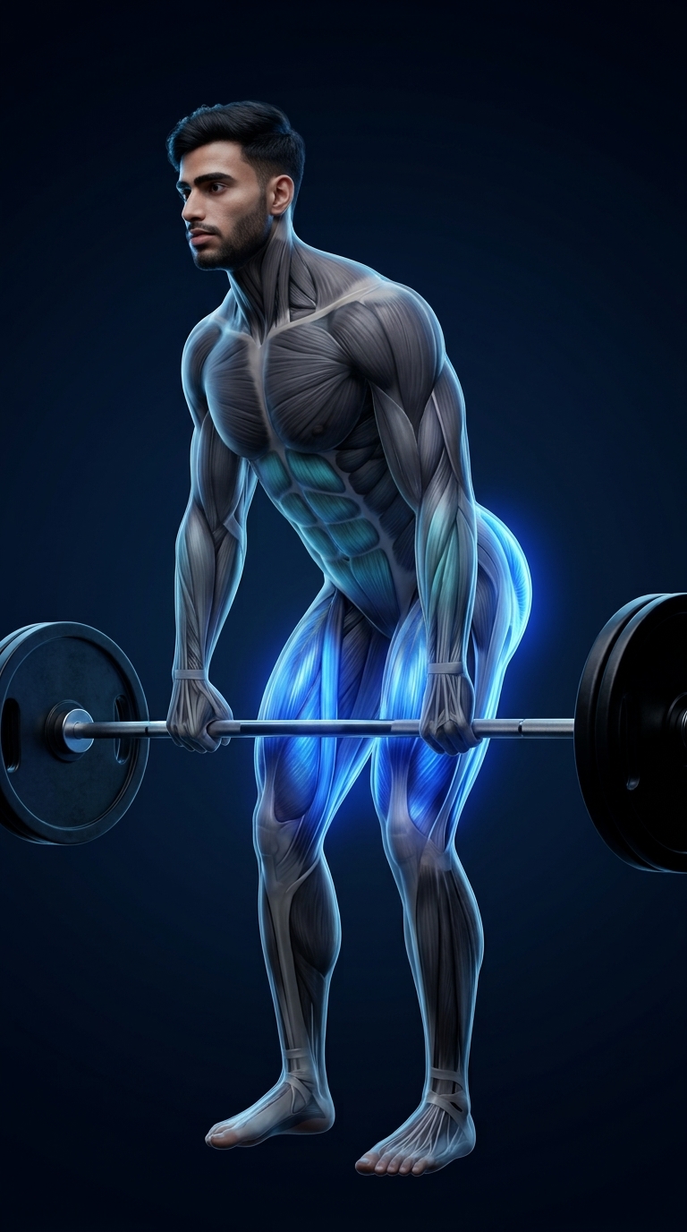 Romanian Deadlift muscle anatomy highlighting the hamstrings, glutes, lower back, and supporting muscles