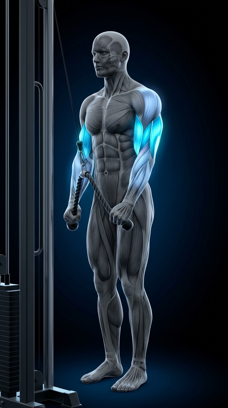 Rope Triceps Pushdown muscle anatomy showing the triceps brachii as the primary target
