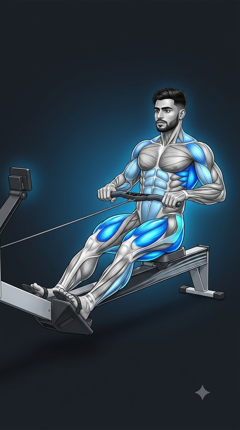 Rowing Machine muscle anatomy highlighting the quadriceps, glutes, hamstrings, latissimus dorsi, rhomboids, biceps, shoulders, and core