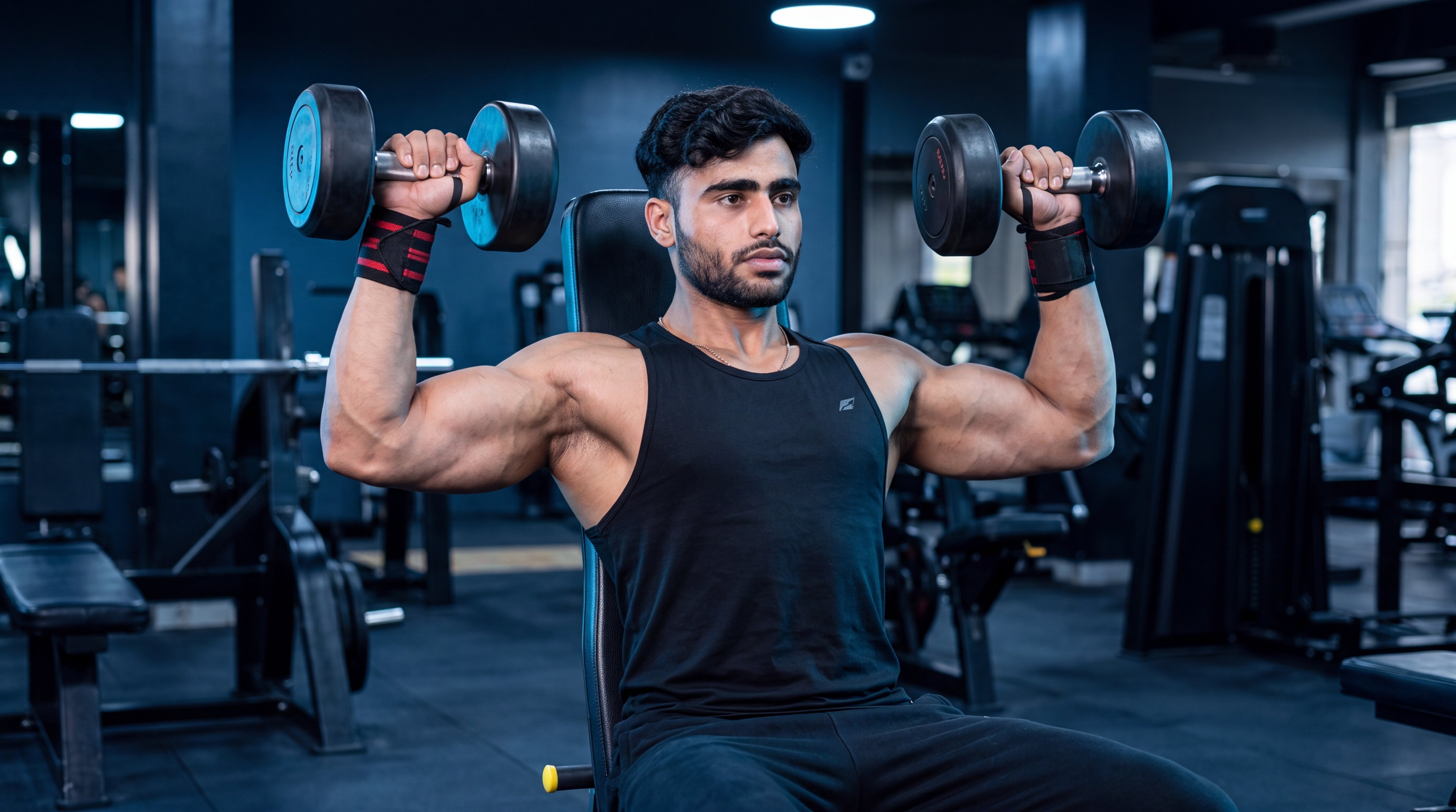 Athlete performing an Arnold press with dumbbells