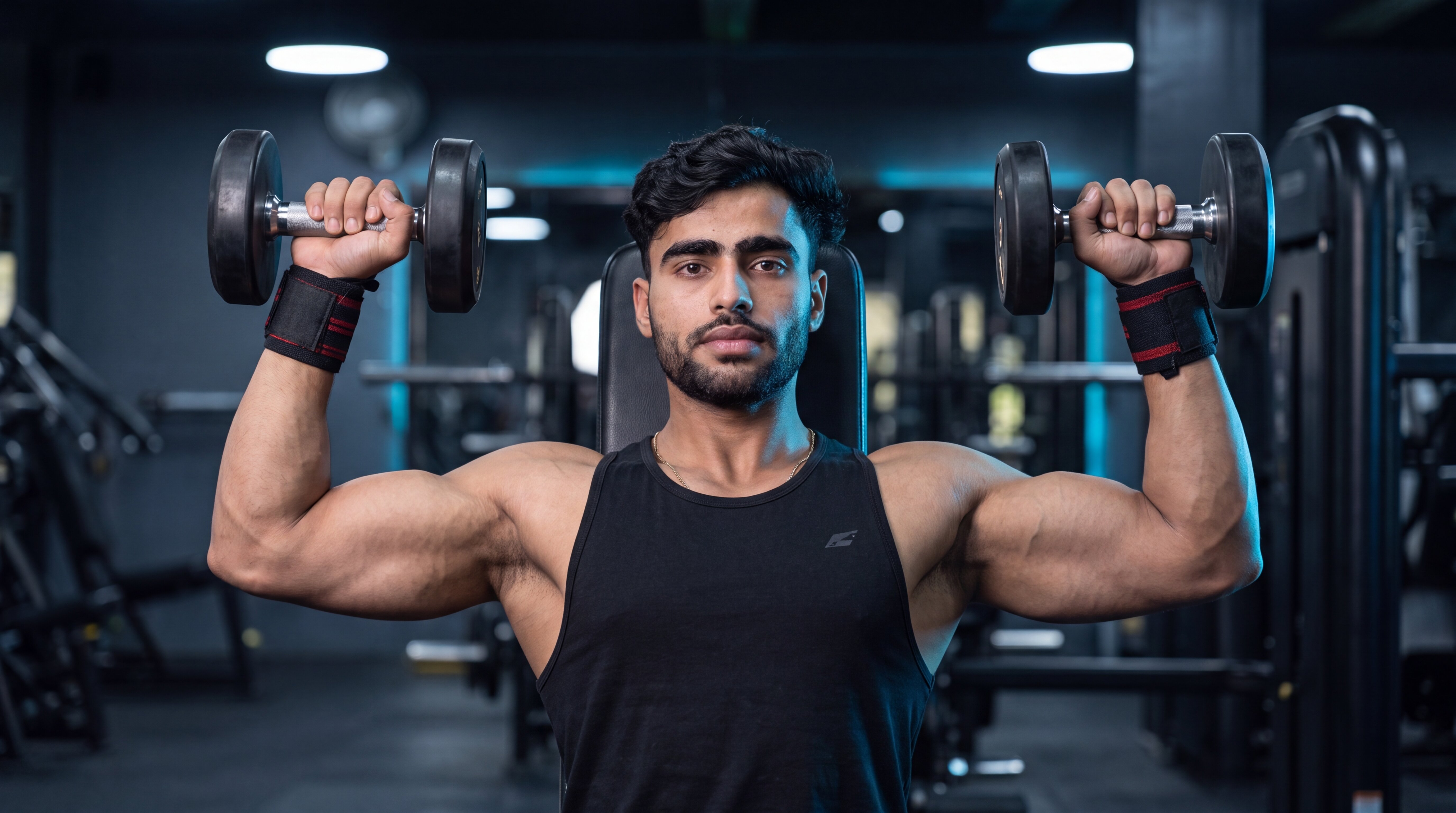 Athlete performing a seated dumbbell shoulder press
