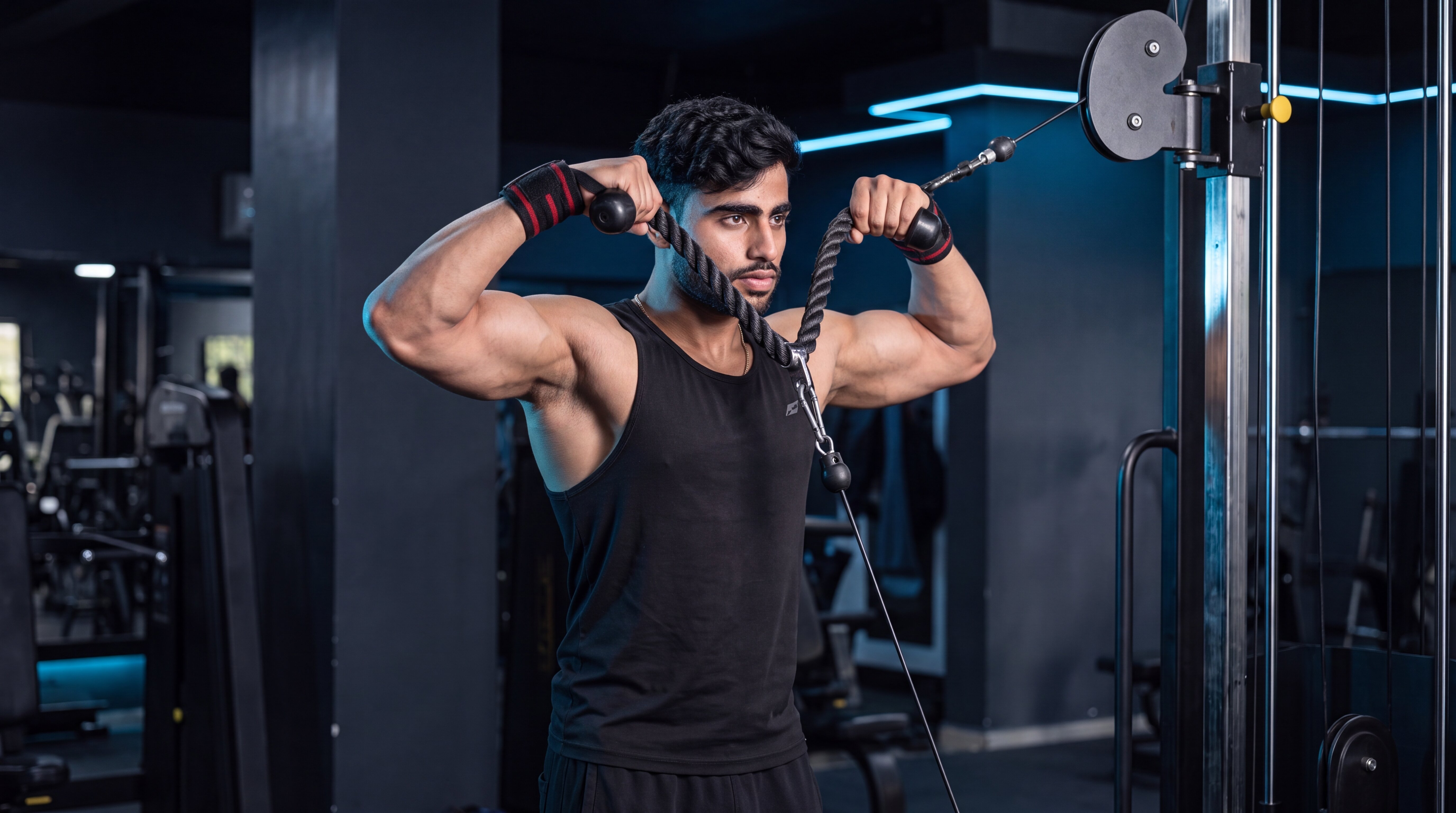 Athlete performing a cable face pull with rope attachment