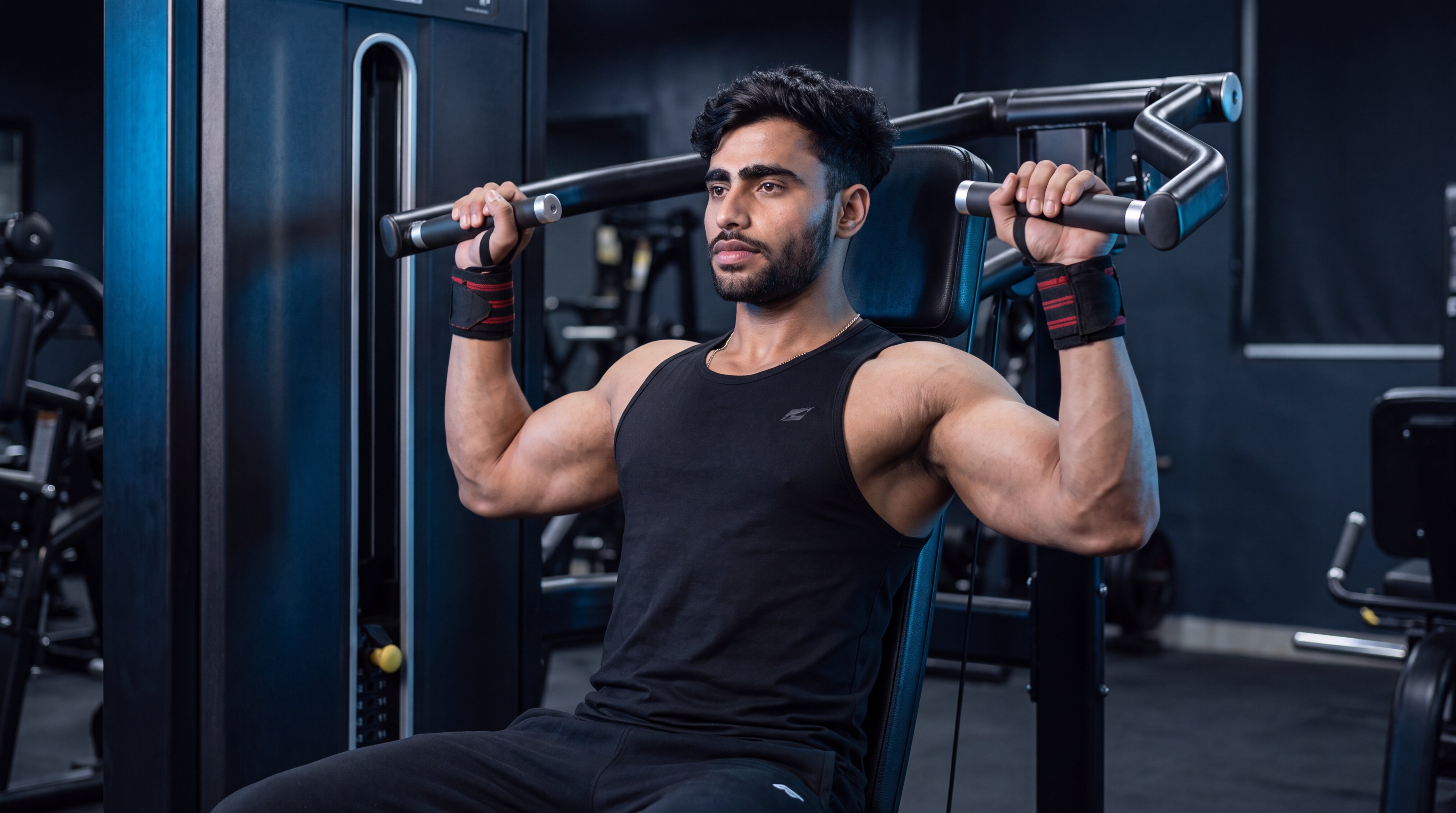 Athlete performing a seated machine shoulder press