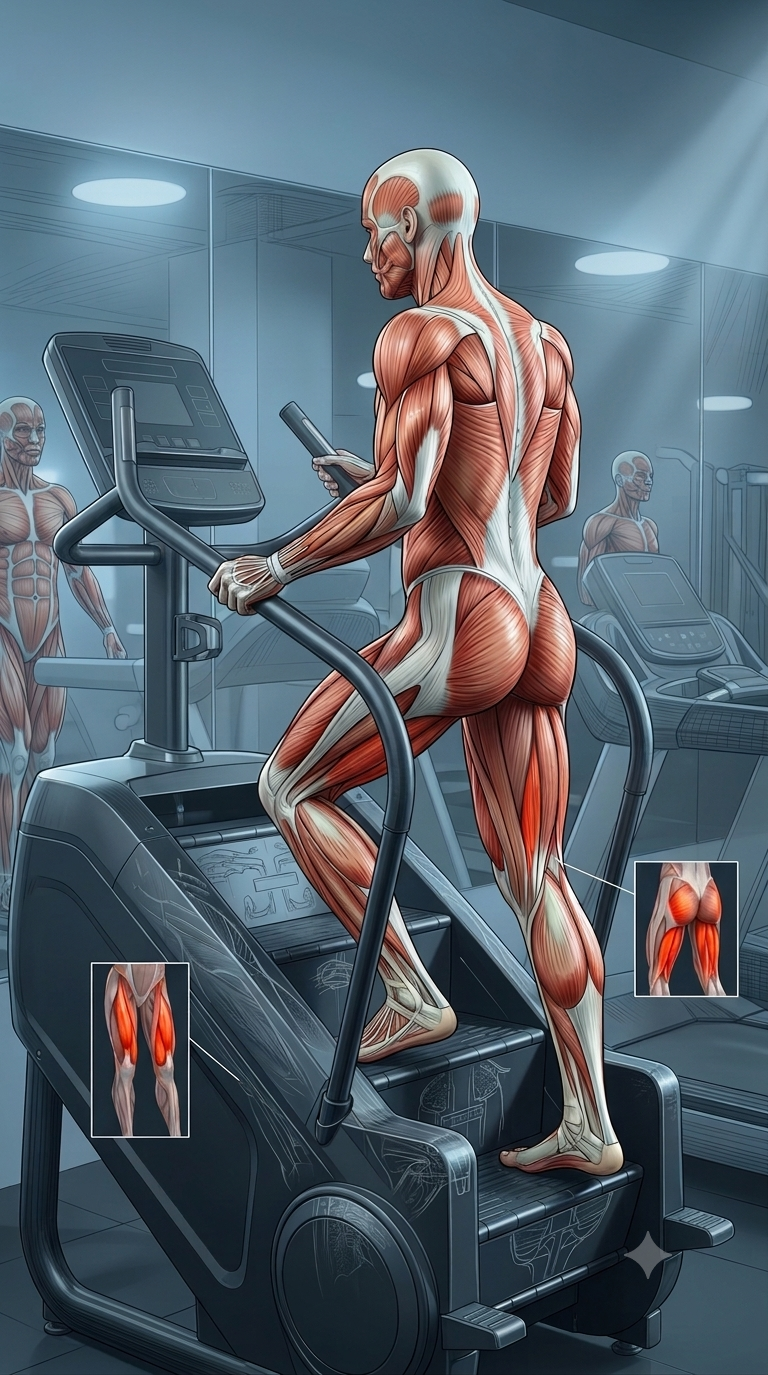 Stair Climber muscle anatomy highlighting the glutes, quadriceps, hamstrings, calves, hip flexors, and core muscles