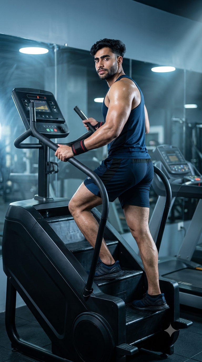 Person using a stair climber machine with proper posture and stepping technique