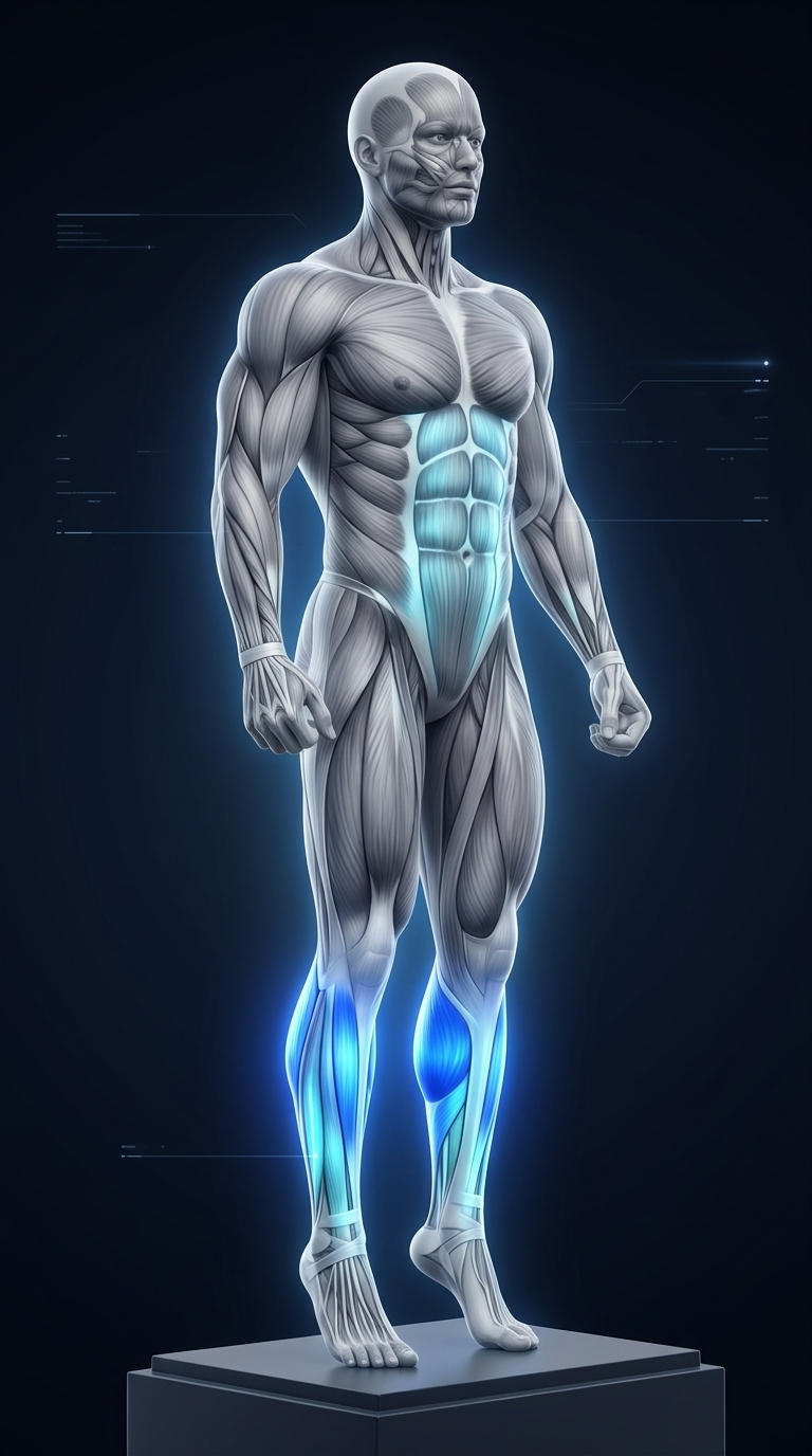 Standing Calf Raise muscle anatomy highlighting the gastrocnemius, soleus, tibialis posterior, and lower leg muscles