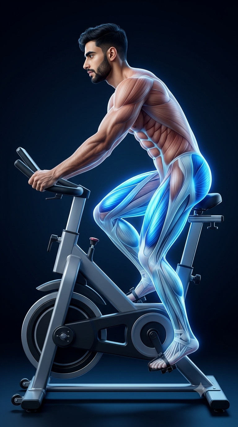 Stationary Cycling muscle anatomy highlighting the quadriceps, glutes, hamstrings, calves, hip flexors, and core muscles