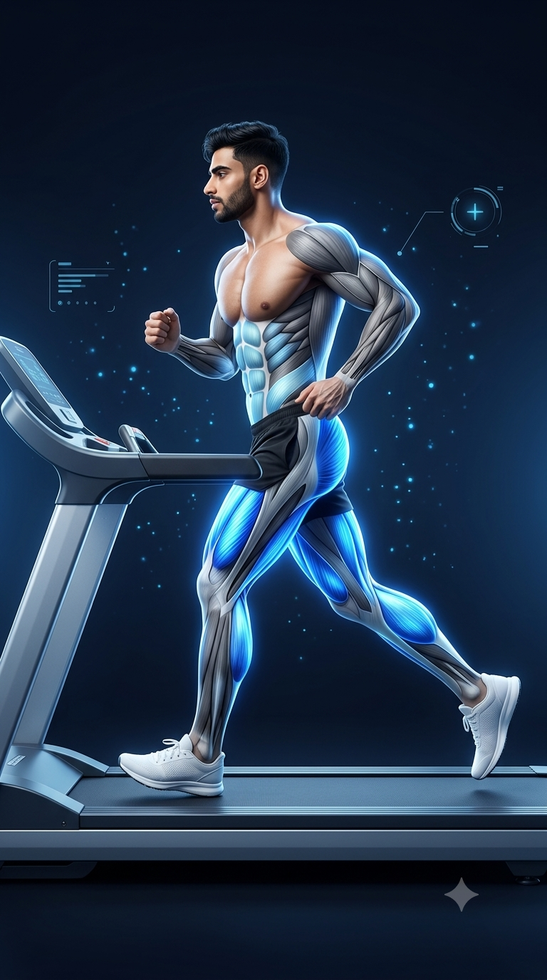 Treadmill Running muscle anatomy highlighting the quadriceps, hamstrings, glutes, calves, hip flexors, and core muscles