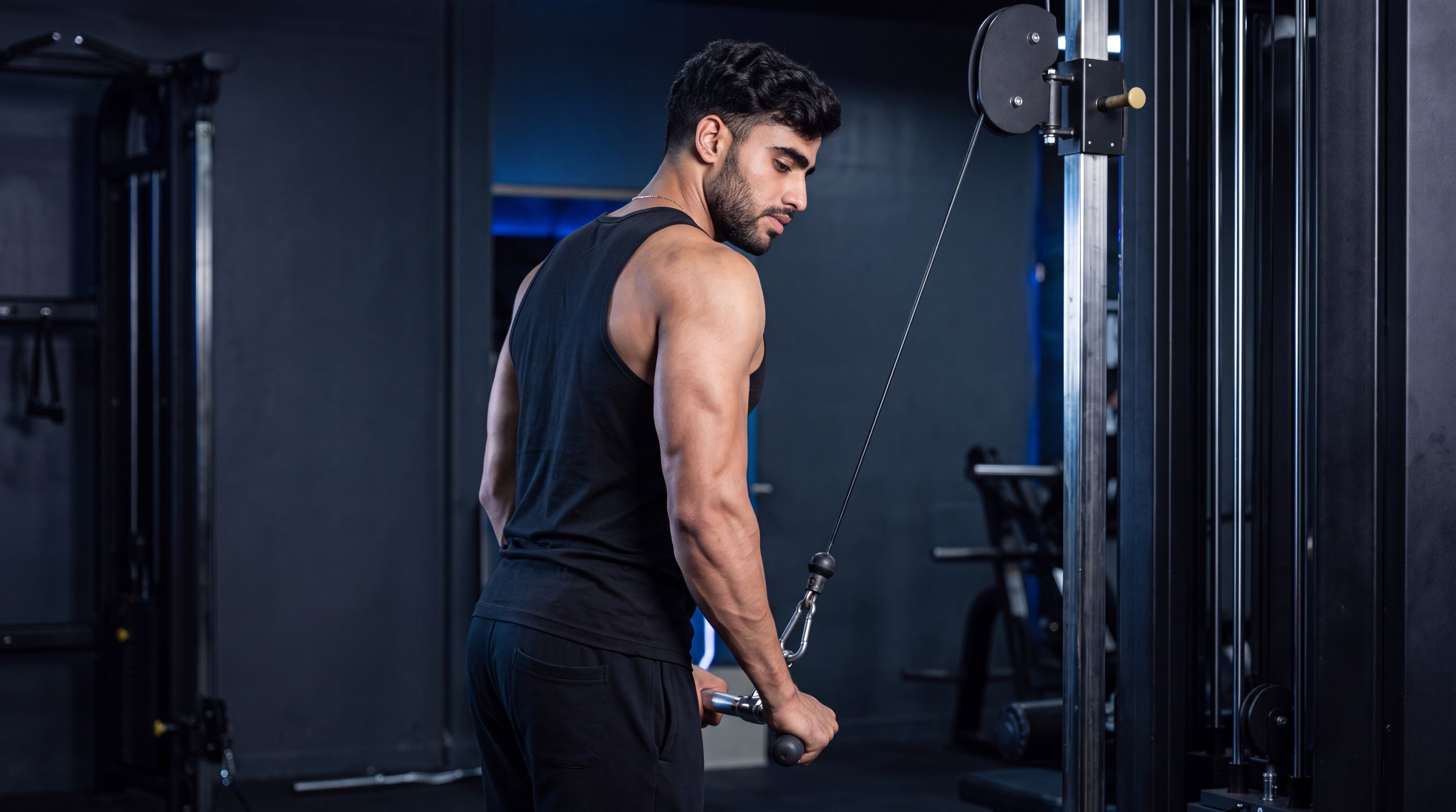 Athlete performing a cable triceps pushdown