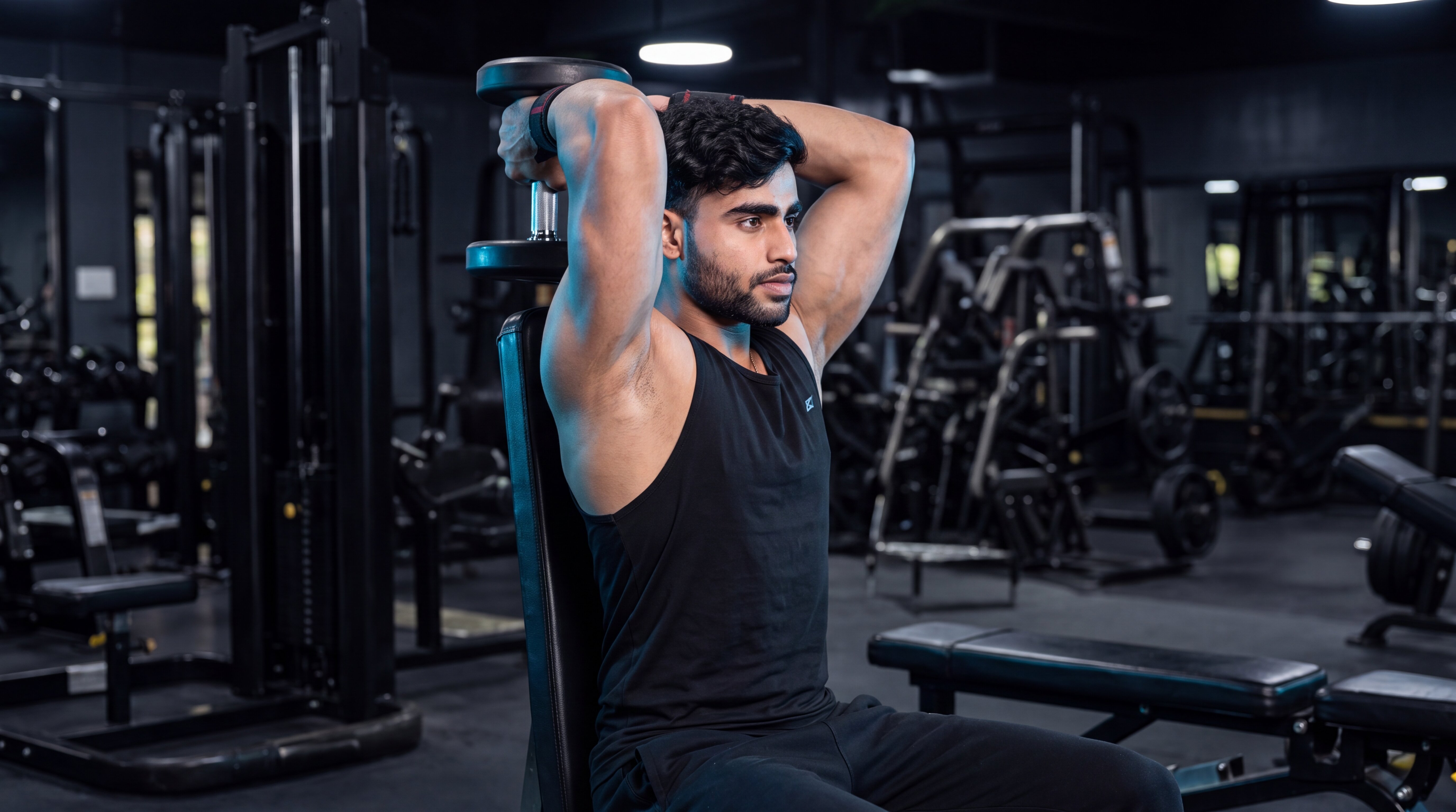 Athlete performing a dumbbell overhead triceps extension
