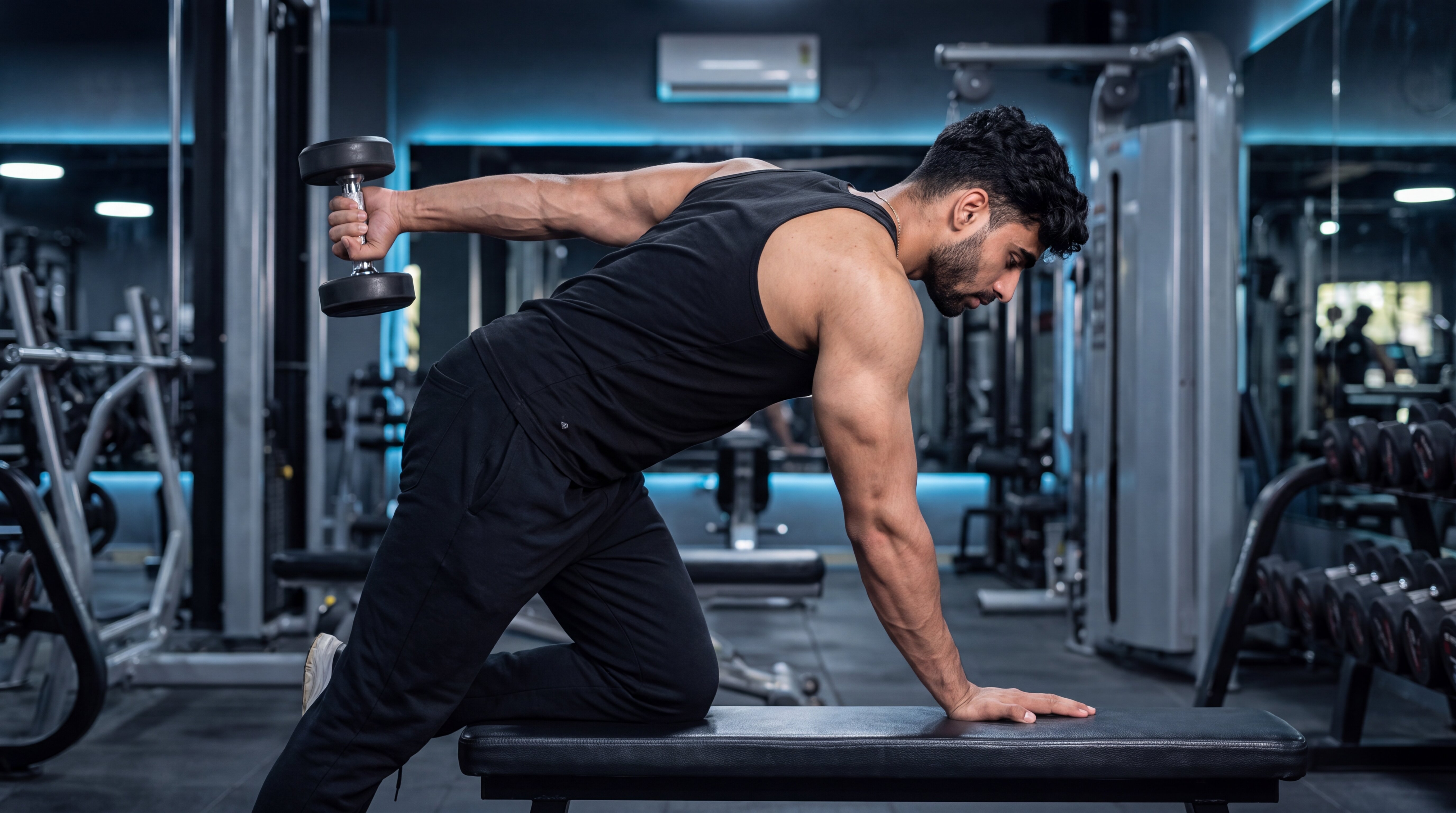 Athlete performing a one-arm dumbbell triceps kickback
