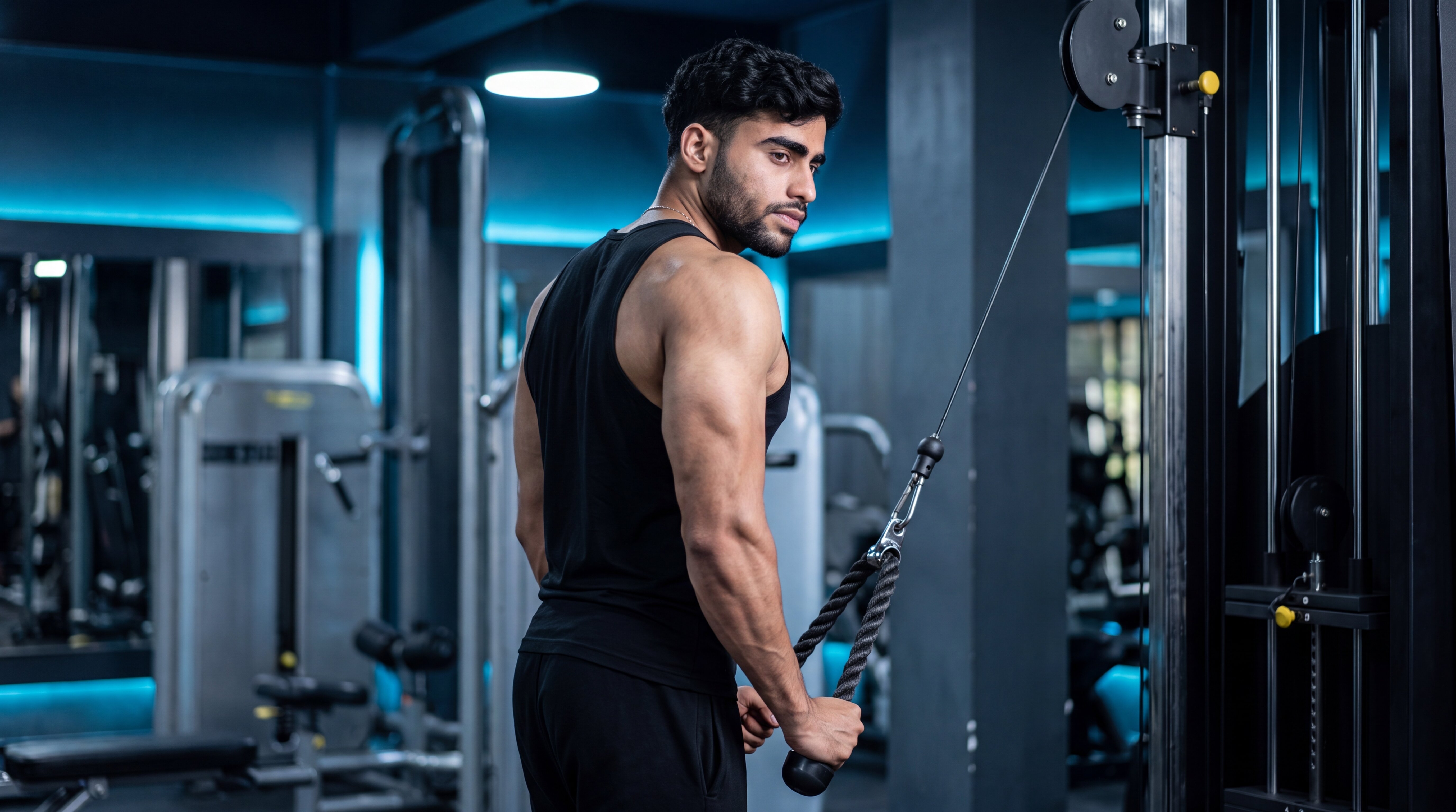 Athlete performing a rope triceps pushdown