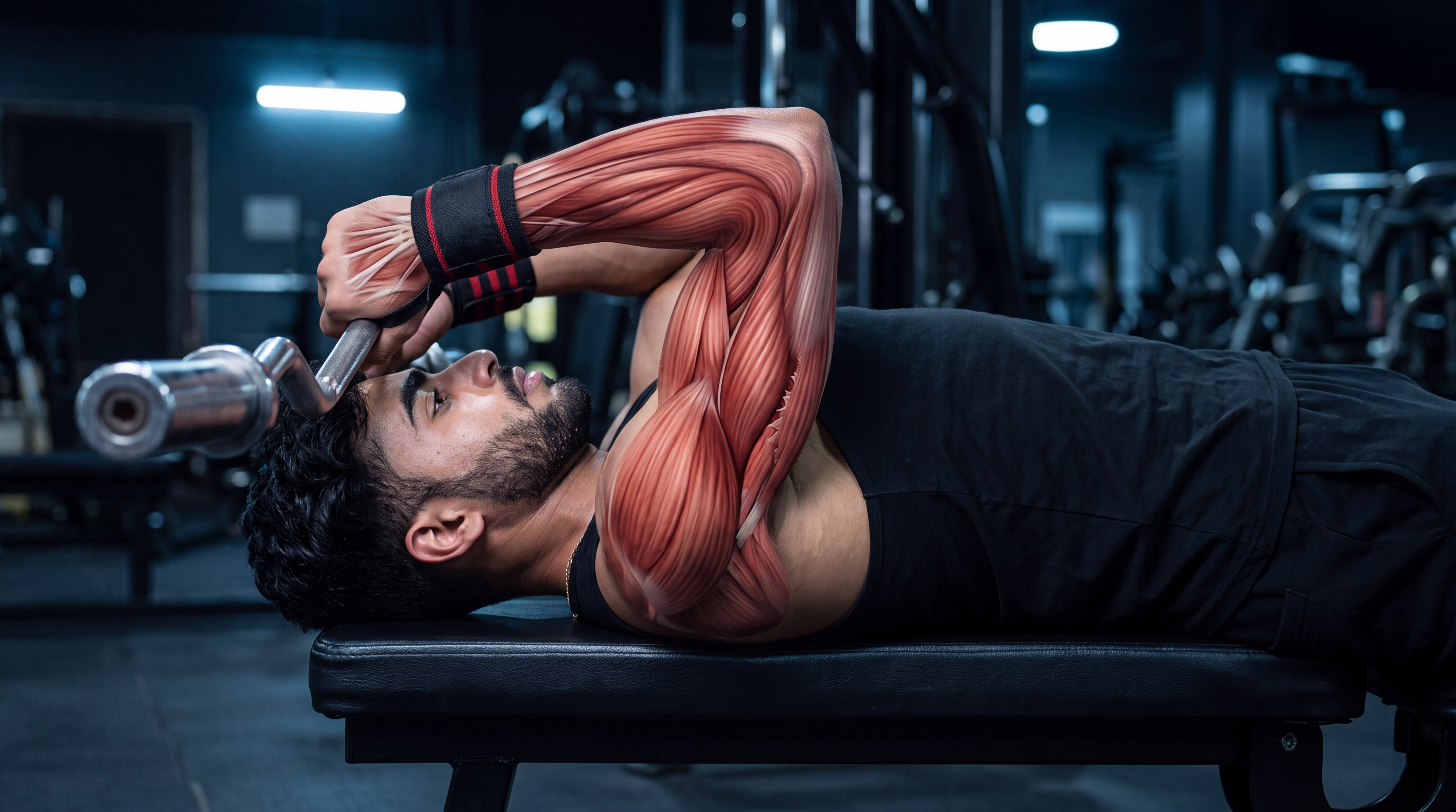 Lying triceps extension under the skin anatomy video
