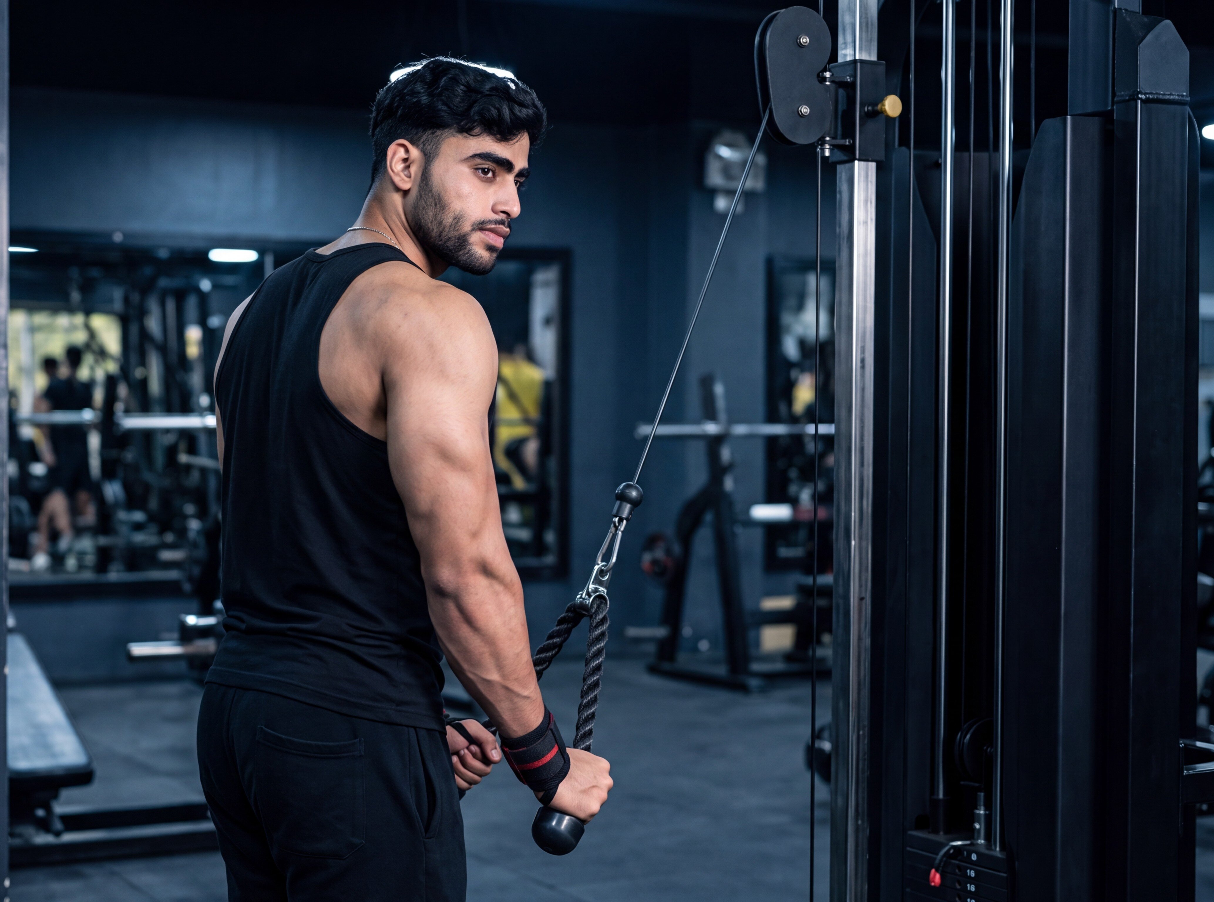 Athlete performing a triceps exercise in the gym