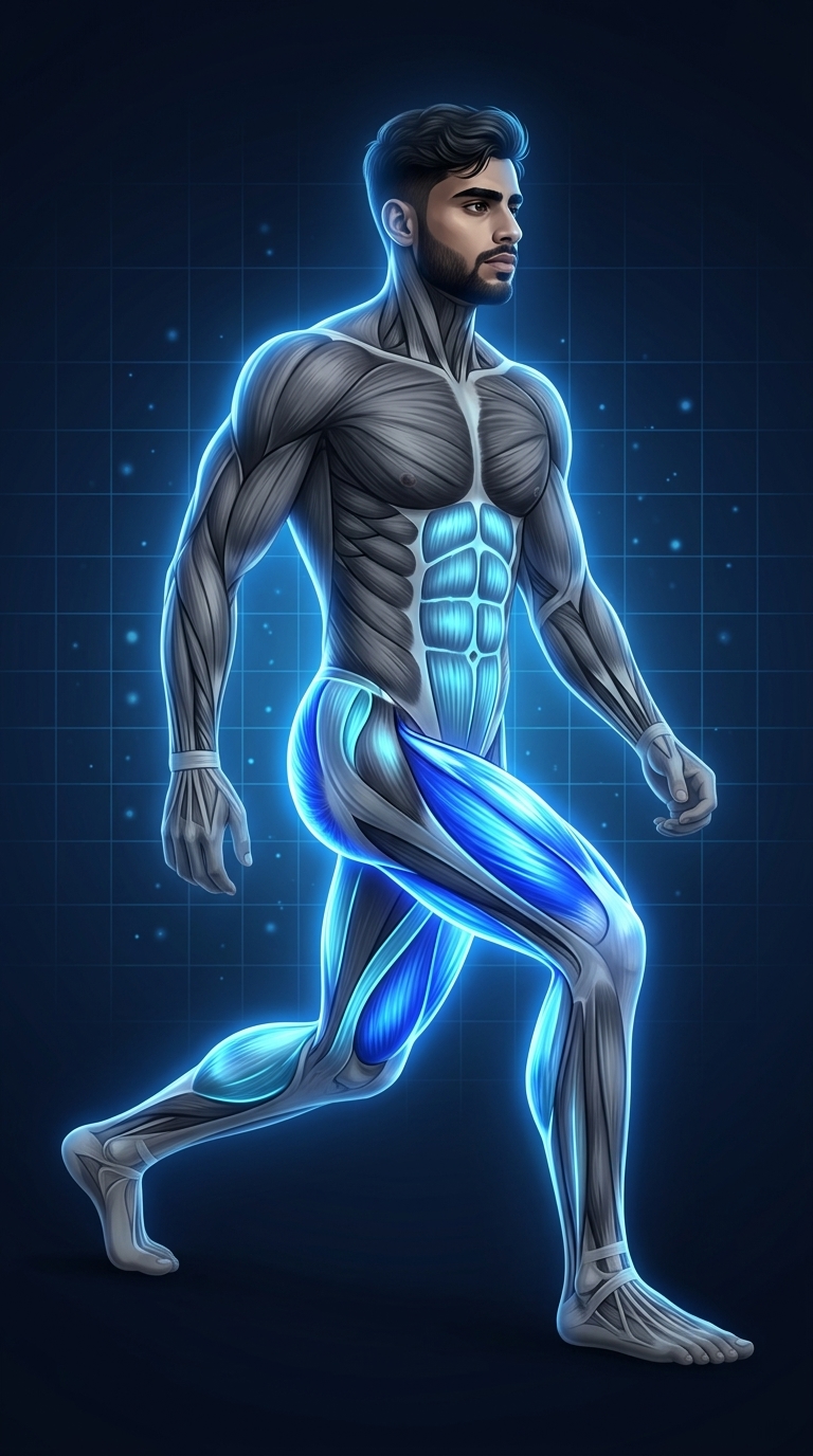 Walking Lunge muscle anatomy highlighting the quadriceps, glutes, hamstrings, calves, and core